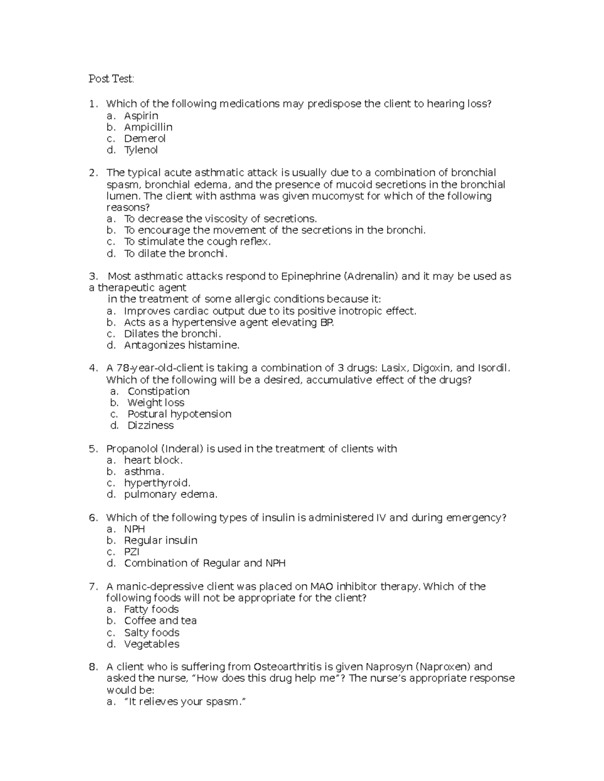 RPN - Pharmacology practice quize - Post Test: Which of the following ...