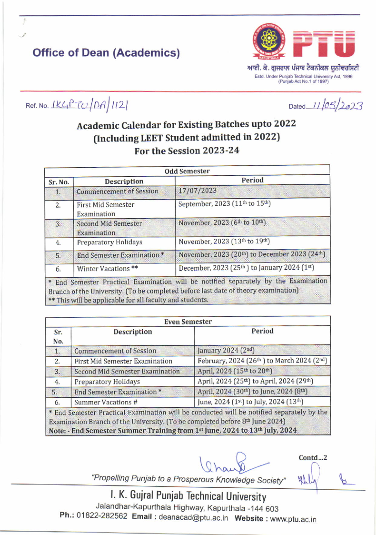 Academic Calendar for Existing batches upto 2022 Including LEET