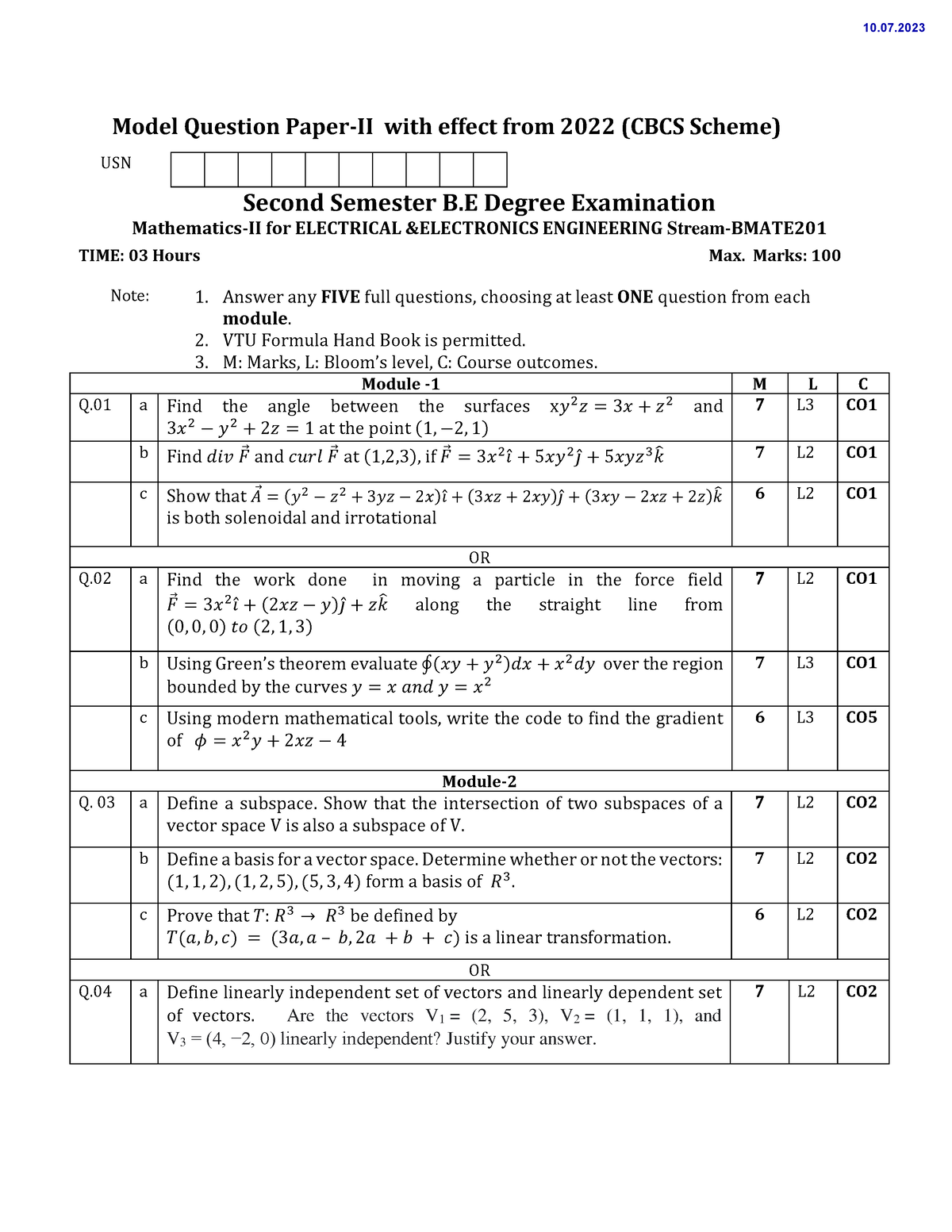 Bmate 201 - Model Paper - Model Question Paper-II With Effect From 2022 ...