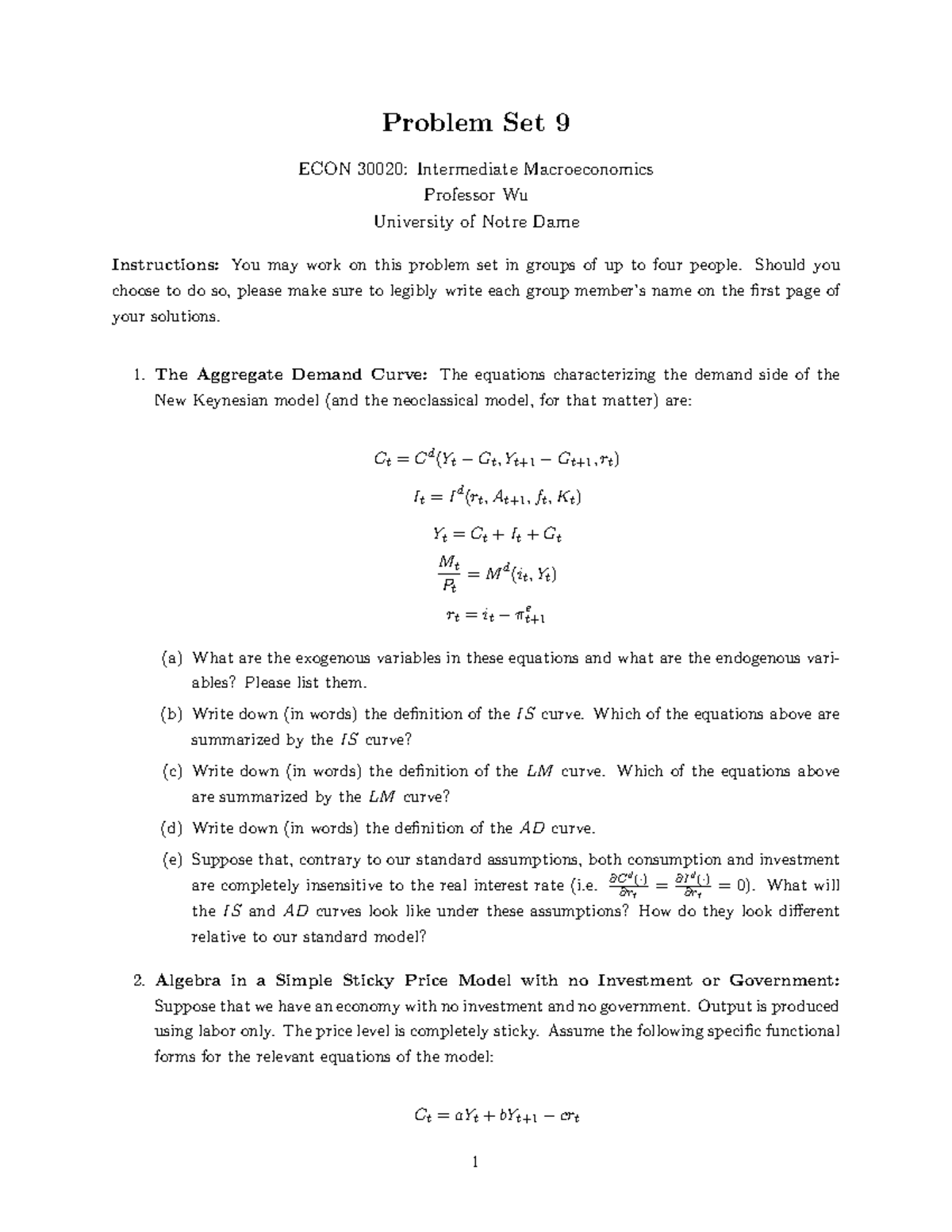 Ps9 - The Outline Of The Problem Set - Problem Set 9 ECON 30020 ...