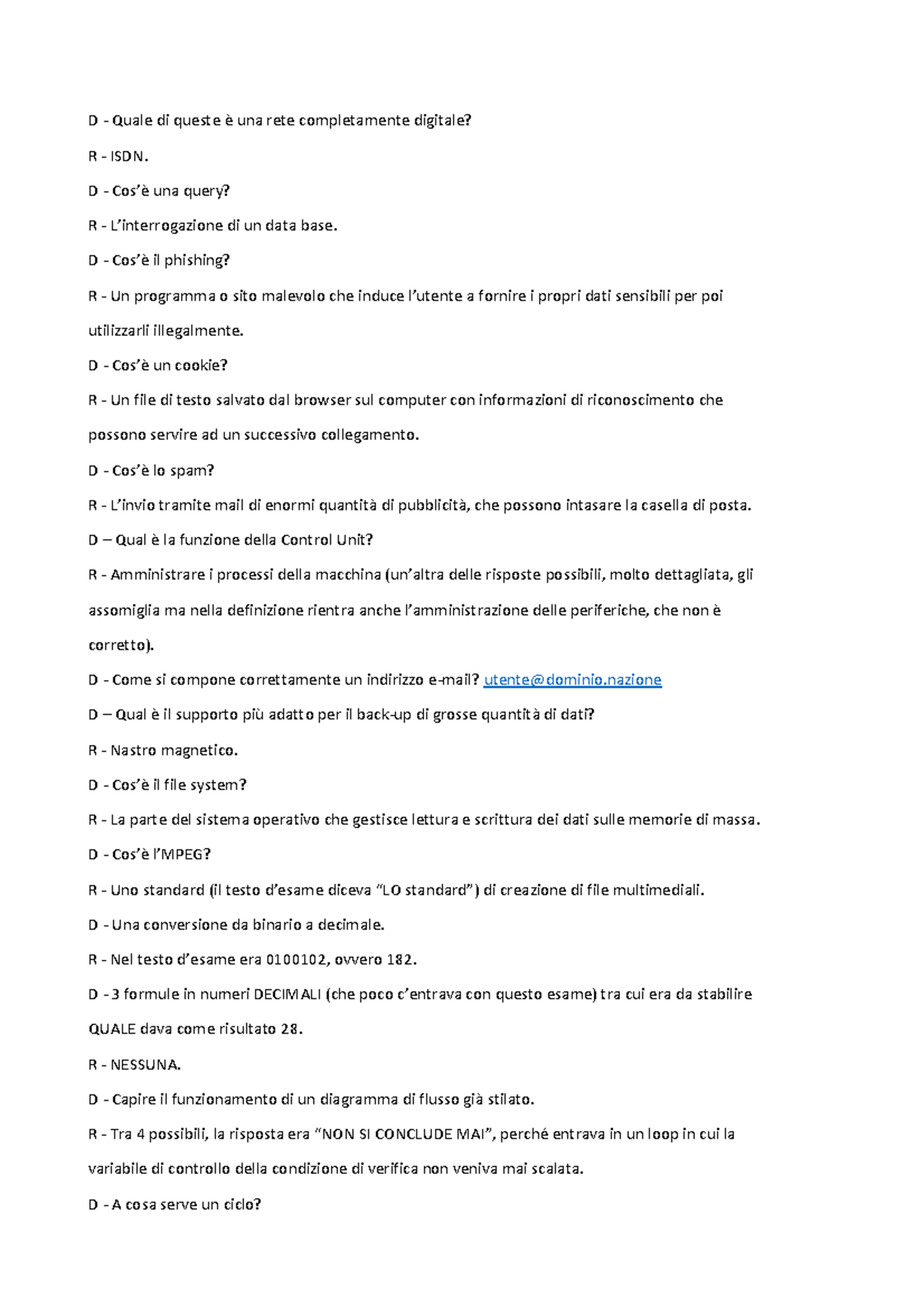 Esempio/prova d'esame 20 Maggio 2019, domande+risposte