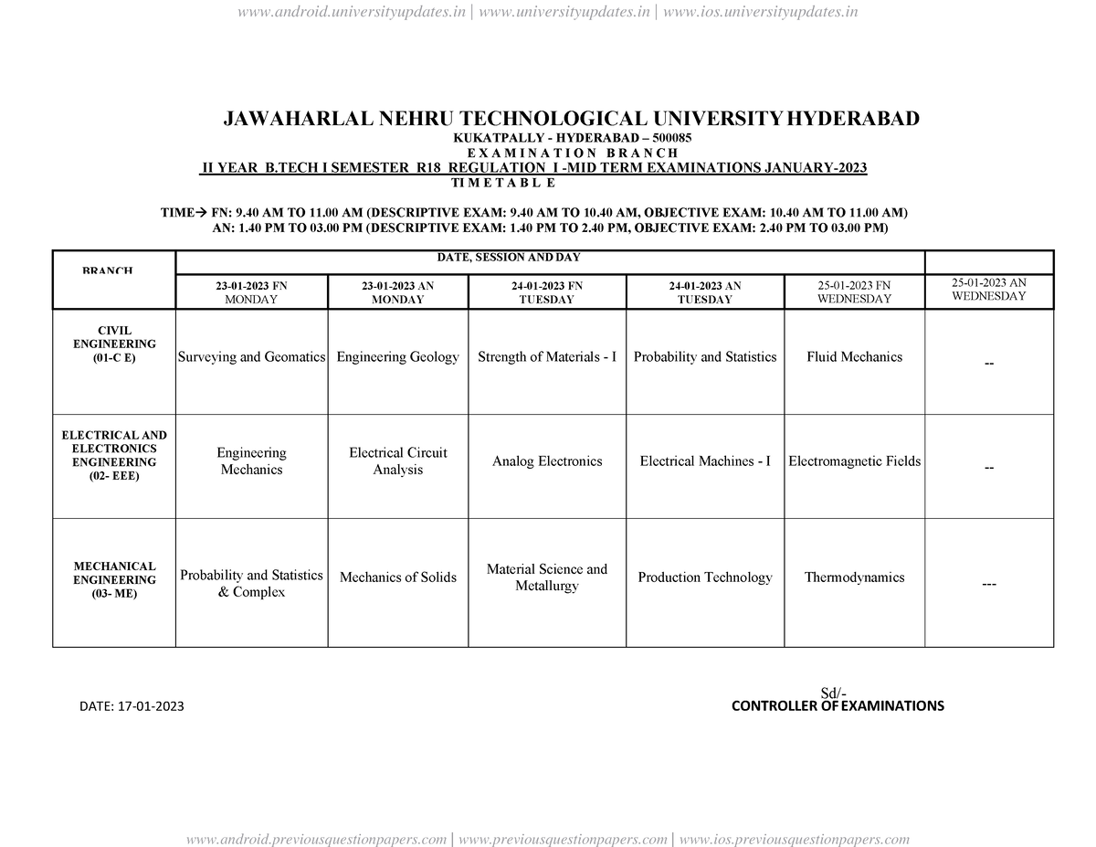 Jntuh B.Tech 2 1 Sem R18 I Mid Term Exams Time Table Jan 2023