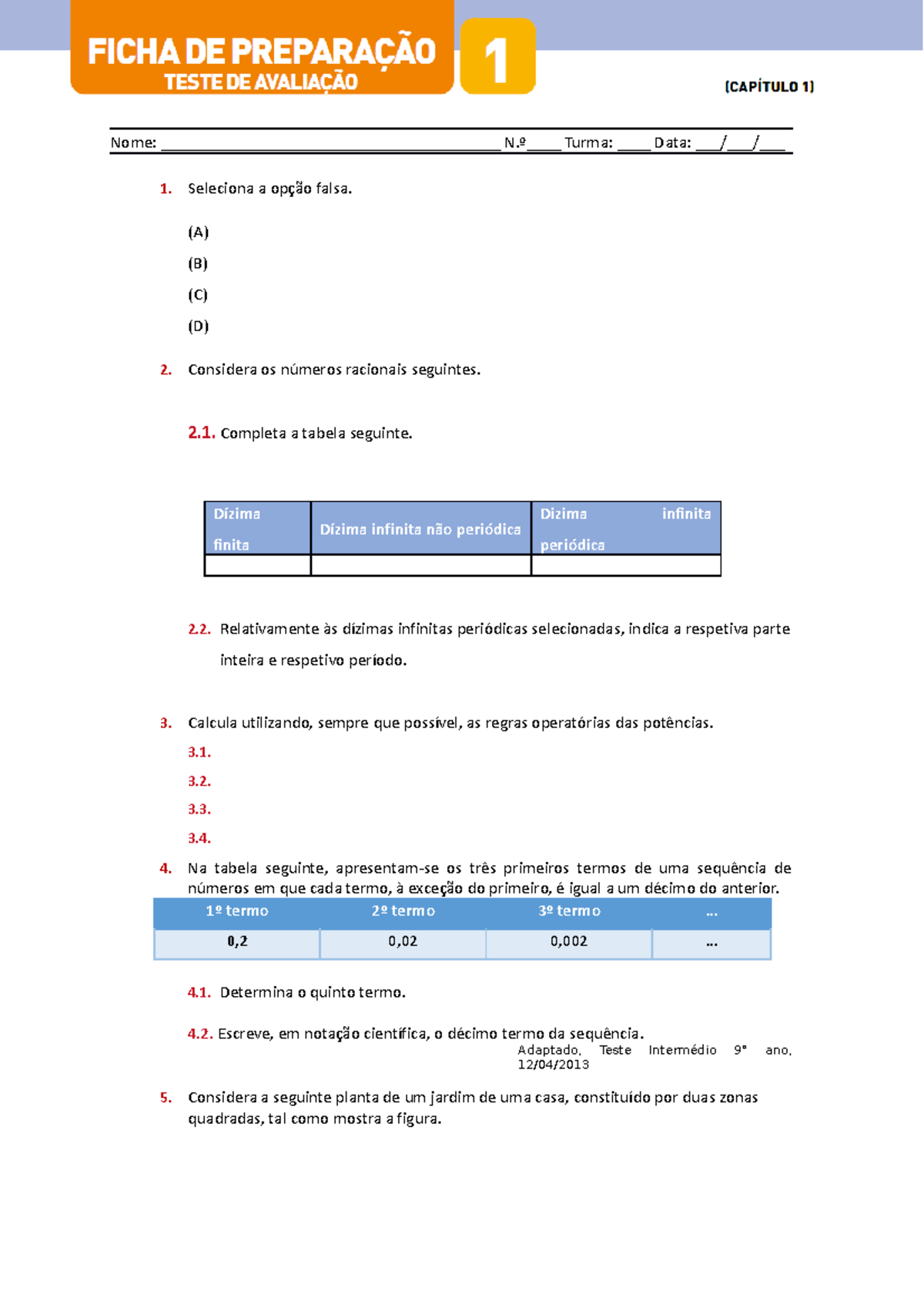 Teste mat 8 ficha diagnostica - Nome ...