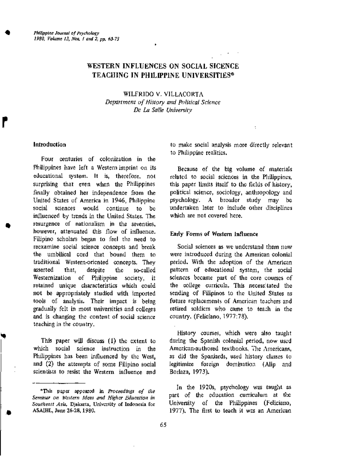 Western Influence in the Social Sciences by W - r Philippine Journal of ...