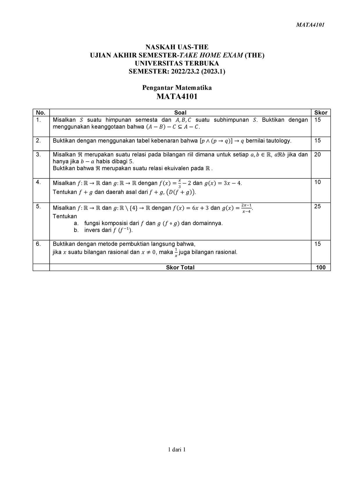 Naskah MATA4101 The 1 - MATA 1 Dari 1 NASKAH UAS-THE UJIAN AKHIR ...