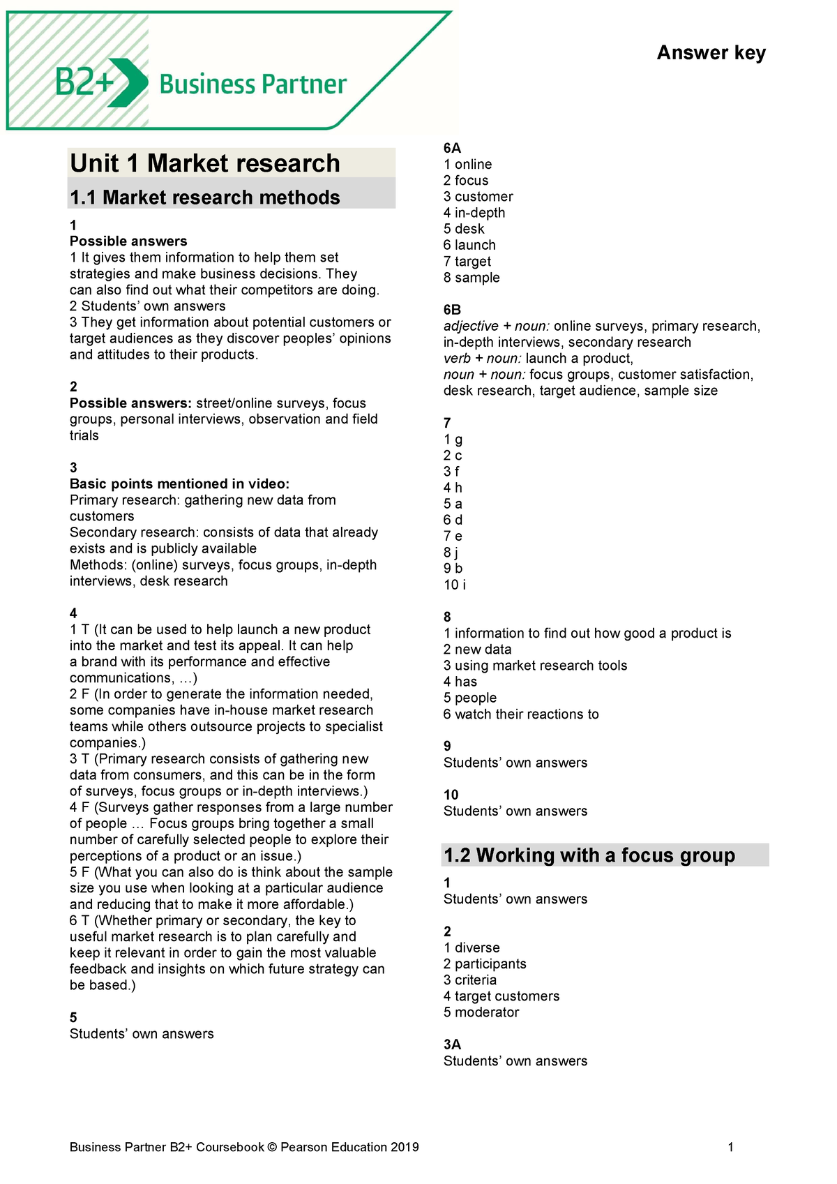 BP B2P CB AK Answer Key Of Bussiness Partner B2 Unit 1 Market 