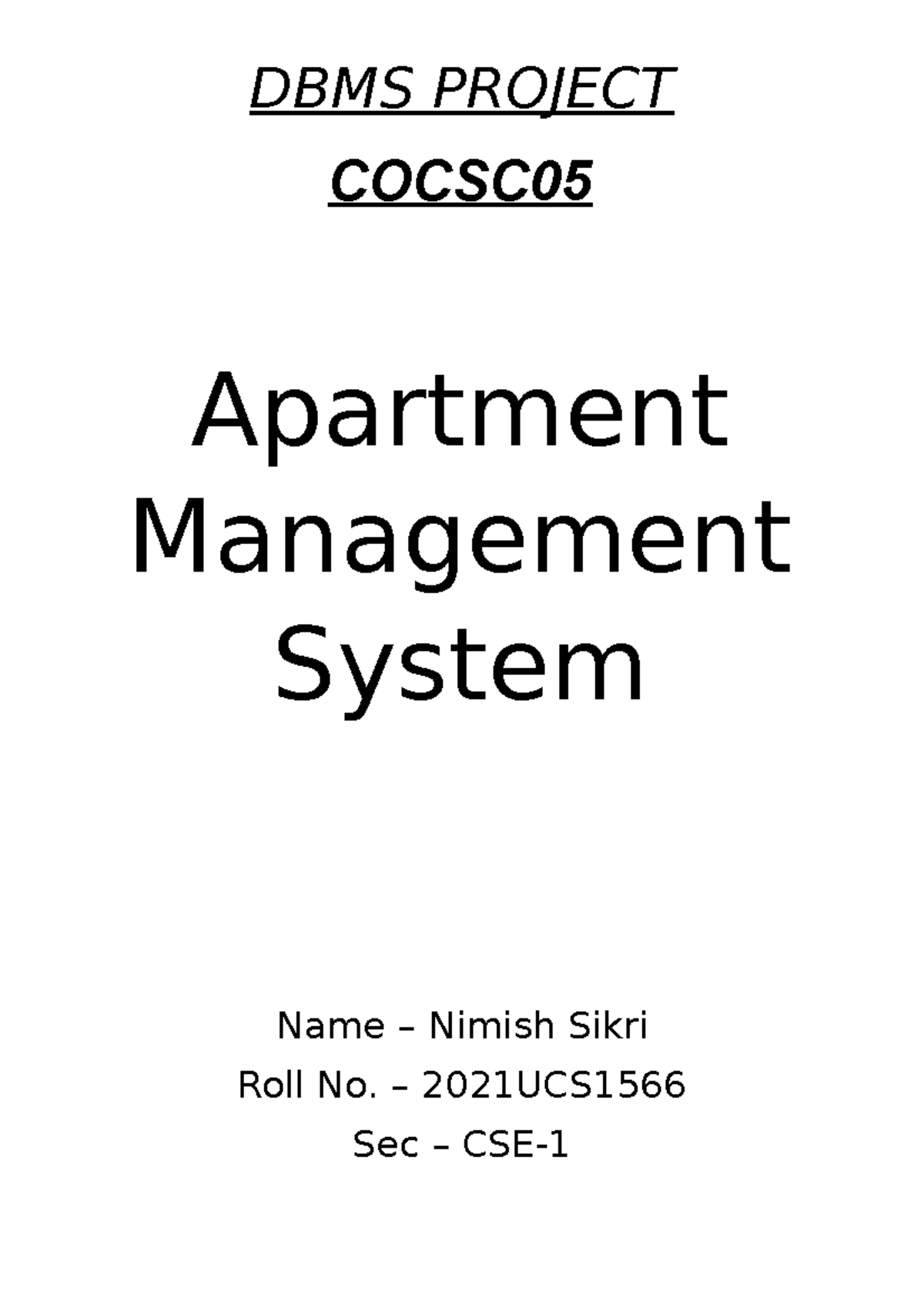 Apartment Management System DBMS PROJECT COCSC Apartment Management