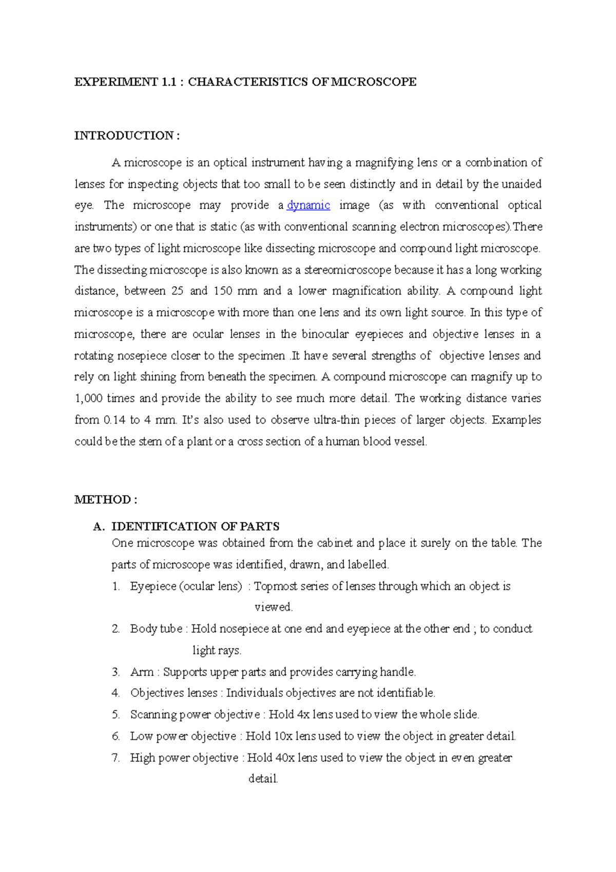 LAB Report 1 BIO100 EXPERIMENT 1 CHARACTERISTICS OF MICROSCOPE