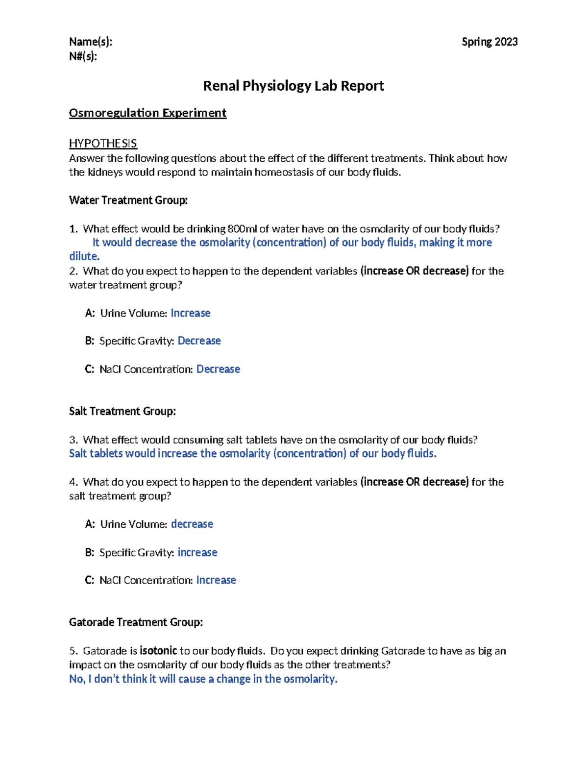 Renal Physiology Lab Report monicapaul Name(s) Spring 2023 N(s