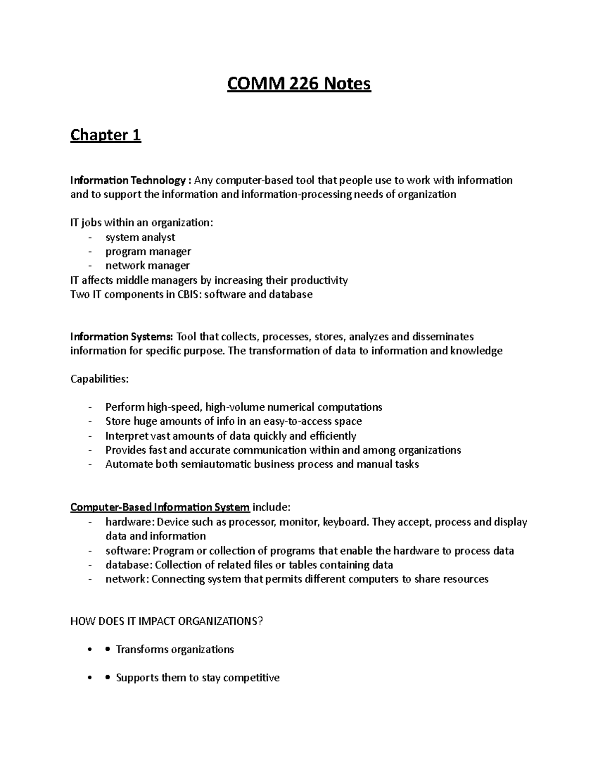 COMM 226 Notes - COMM 226 Notes Chapter 1 Information Technology : Any ...