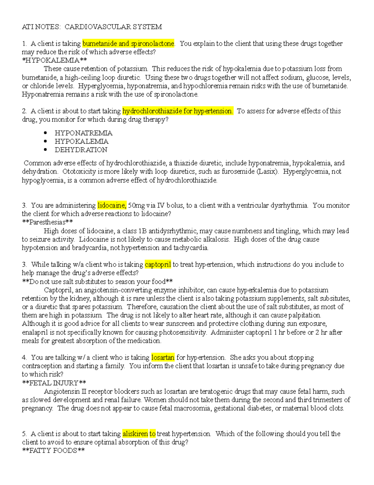 ATI notes cardio - ATI NOTES: CARDIOVASCULAR SYSTEM A client is taking ...