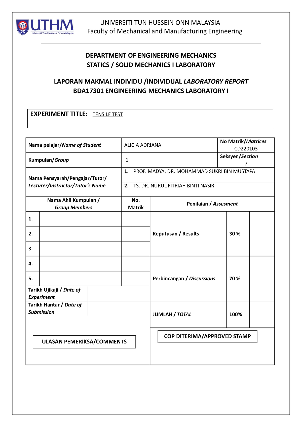 Tensile TEST Report - Faculty of Mechanical and Manufacturing ...