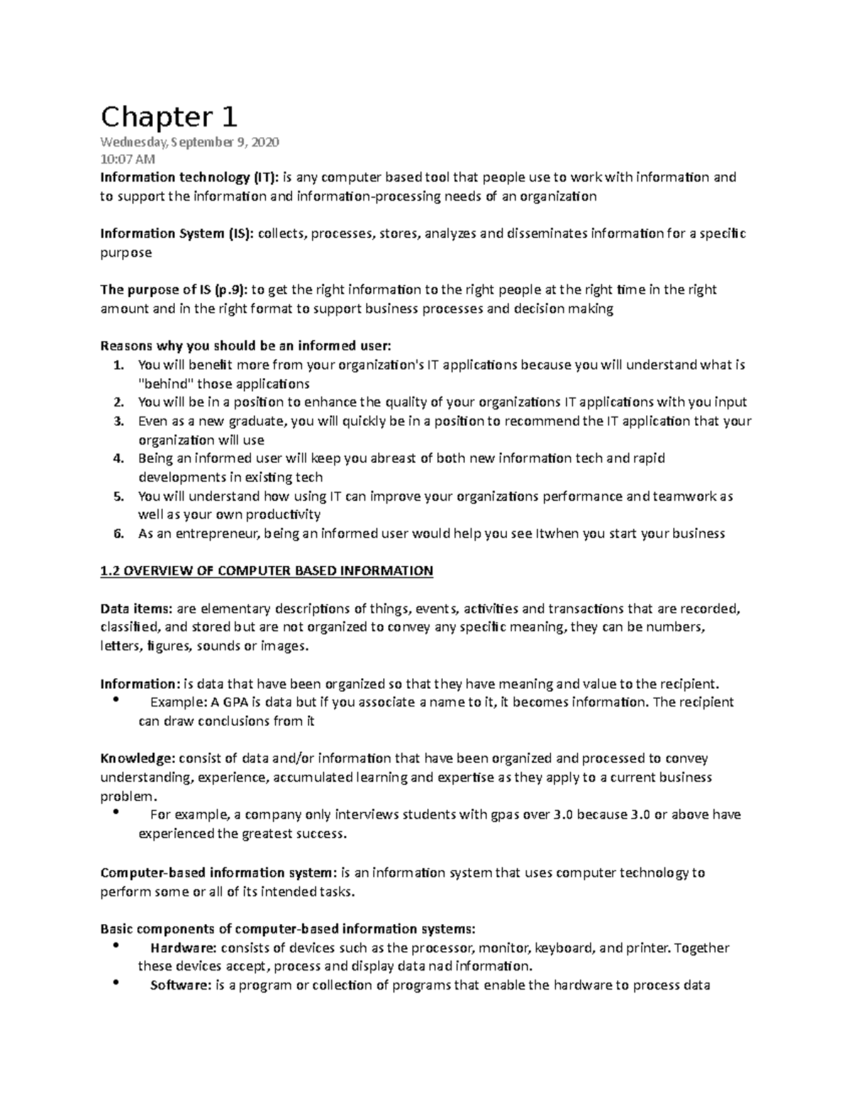 Chapter 1 Notes - Chapter 1 Wednesday, September 9, 2020 10:07 AM ...