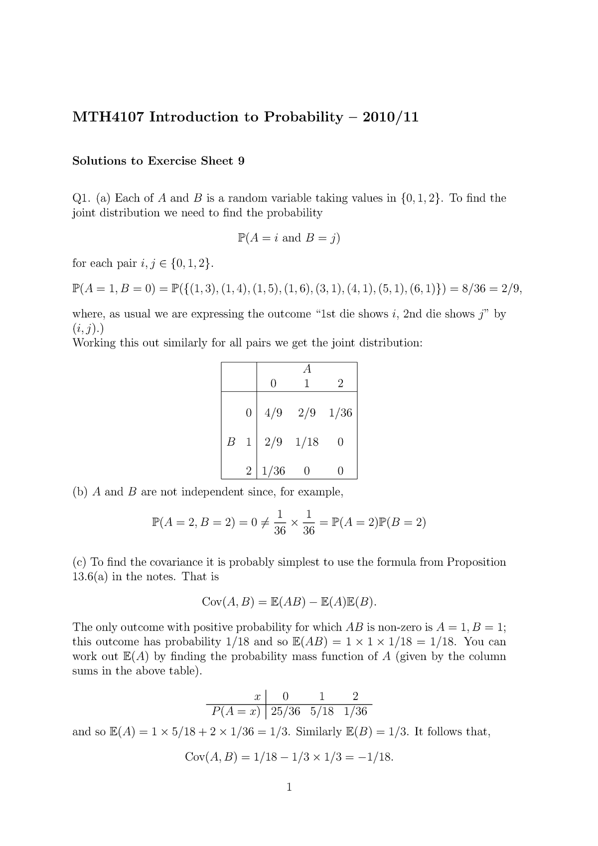 Exercise Sheet 09 - Solutions - MTH4107 Introduction To Probability ...