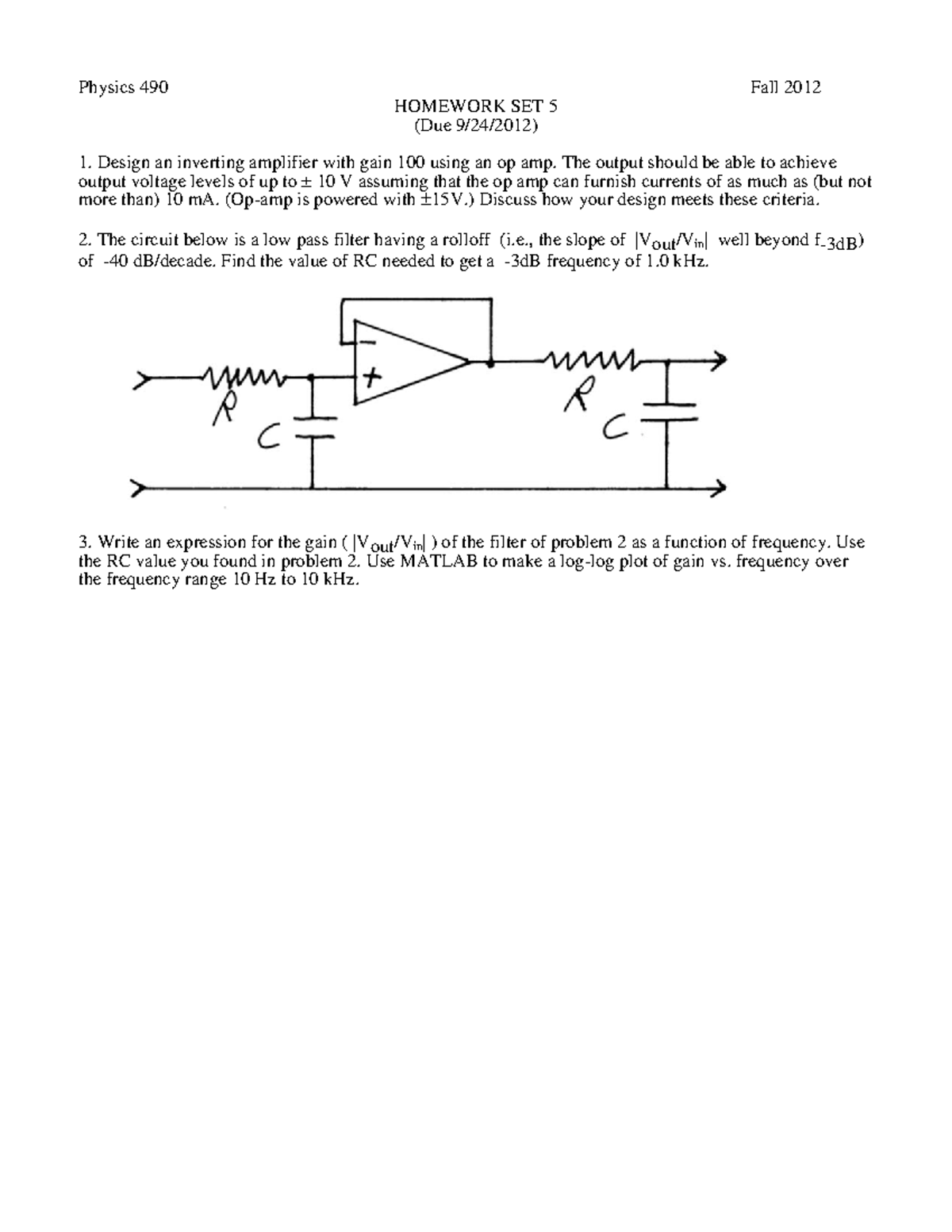 Ps5 Problem Set 5 Physics 490 Fall 2012 Homework Set 5 Due 9 24