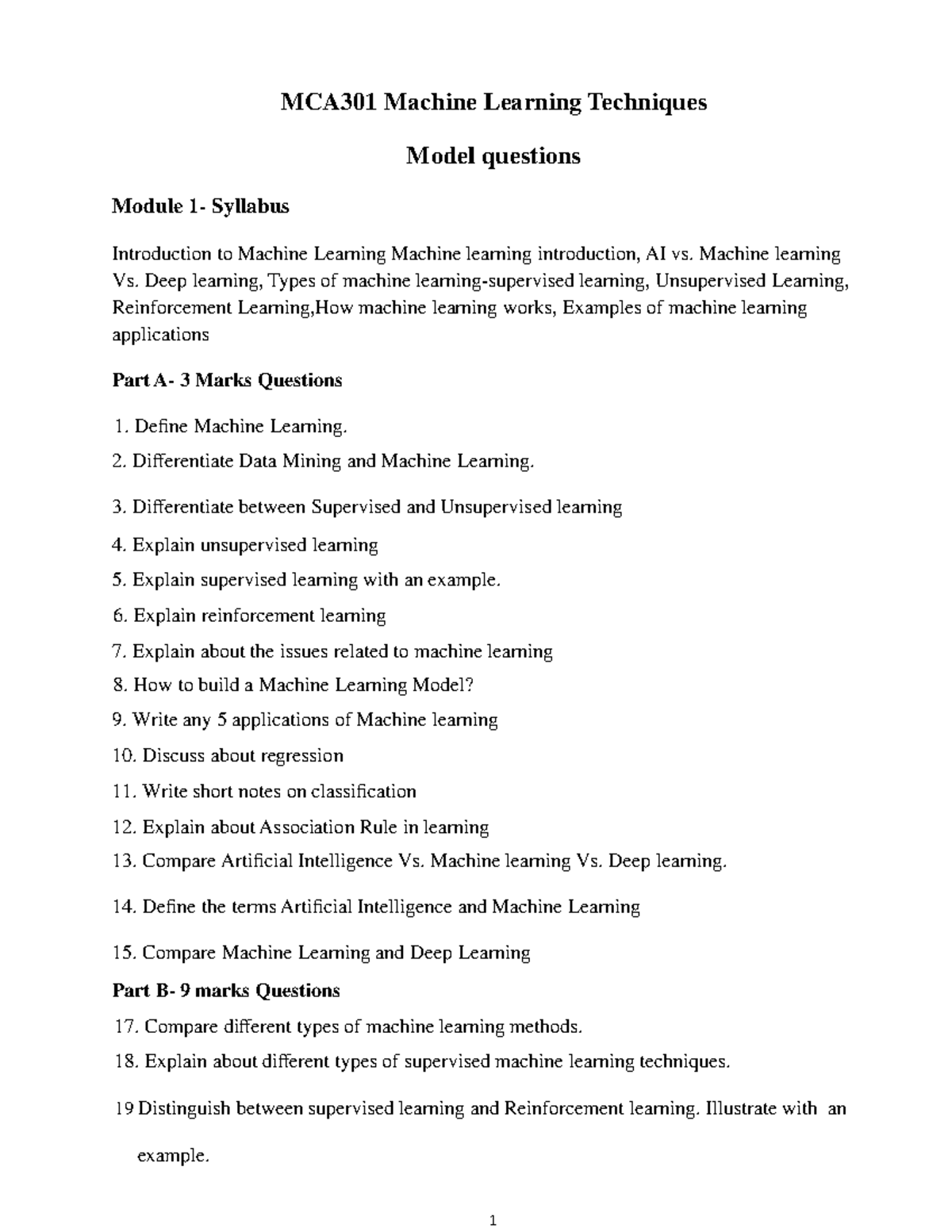 Machine Learning Model Questions - MCA301 Machine Learning Techniques ...