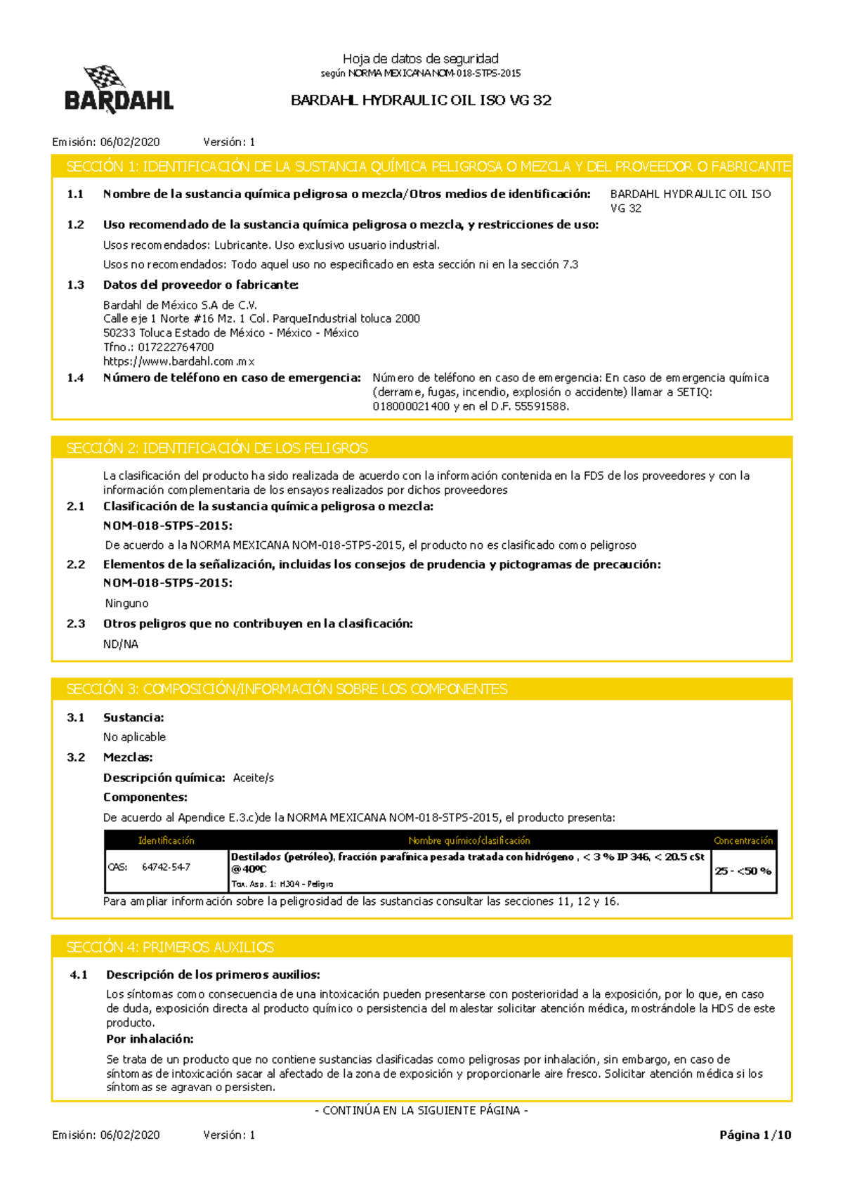 HDS Bardahl Hydraulic OIL ISO VG 32 Emisión 06/02/2020 Versión 1