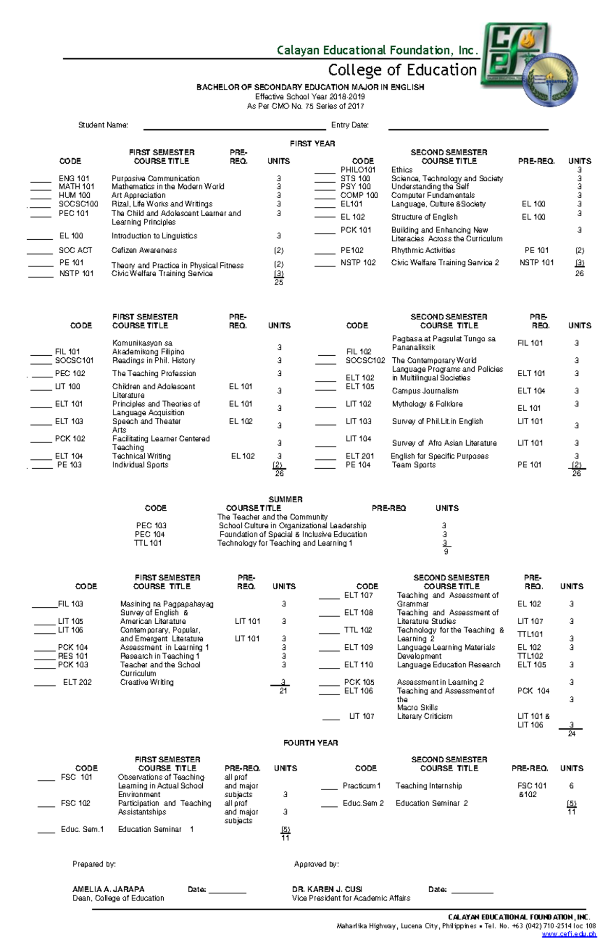 BSED Major in English Curriculum - Calayan Educational Foundation, Inc ...