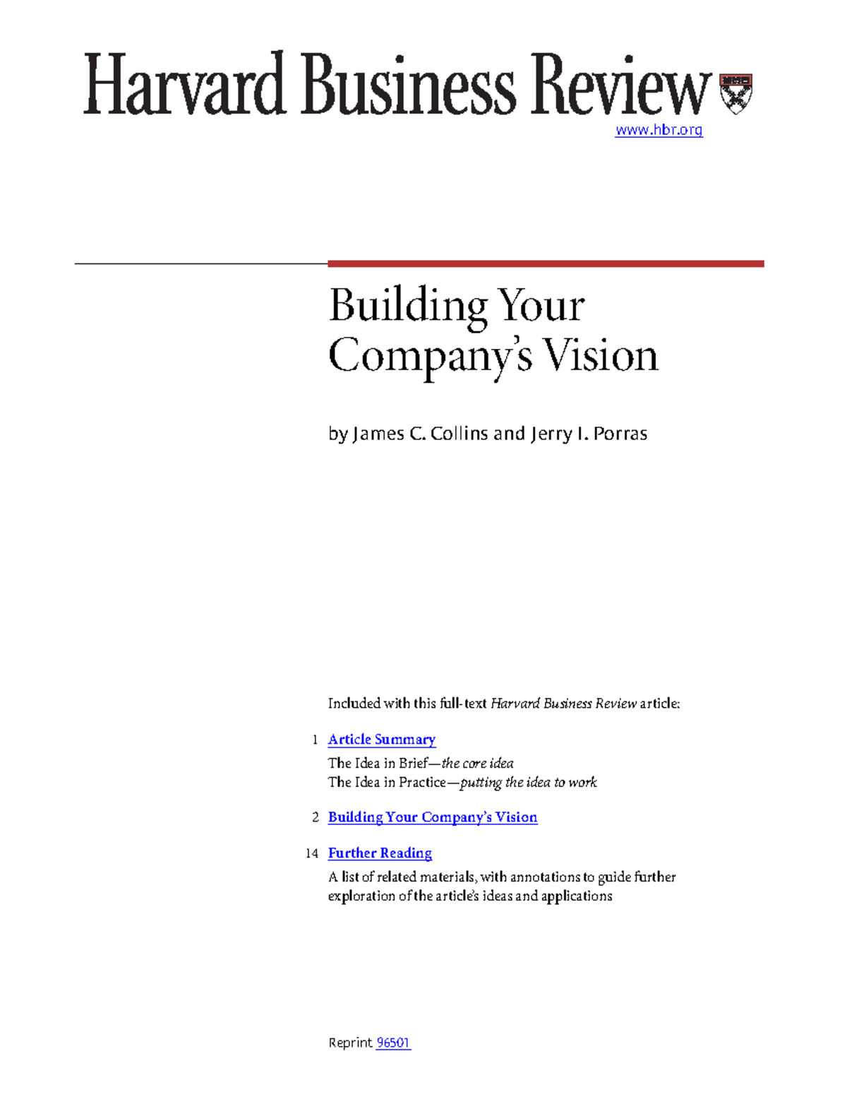 Collins and Porras article hbr Building Your Company’s Vision