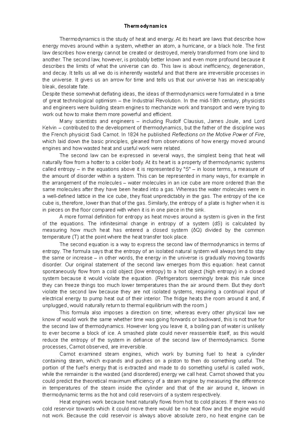 Thermodynamics - Thermodynamics Thermodynamics is the study of heat and ...