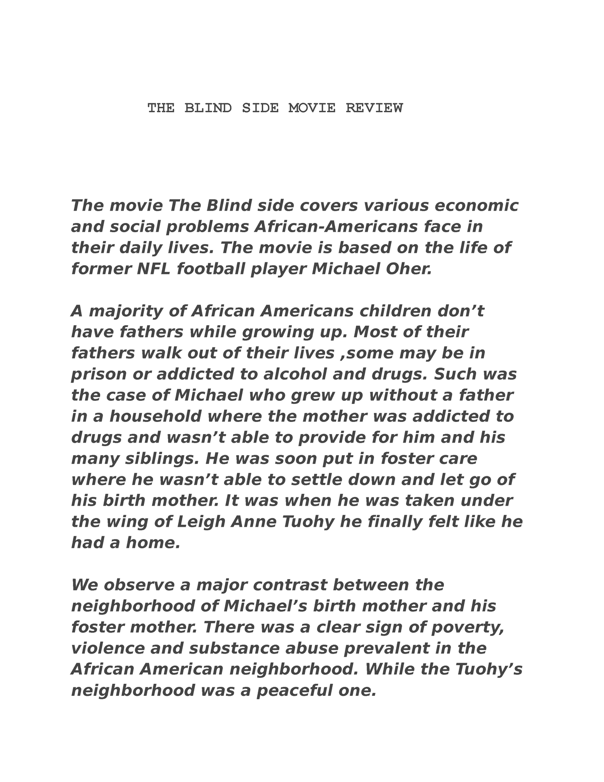 the blind side movie review essay