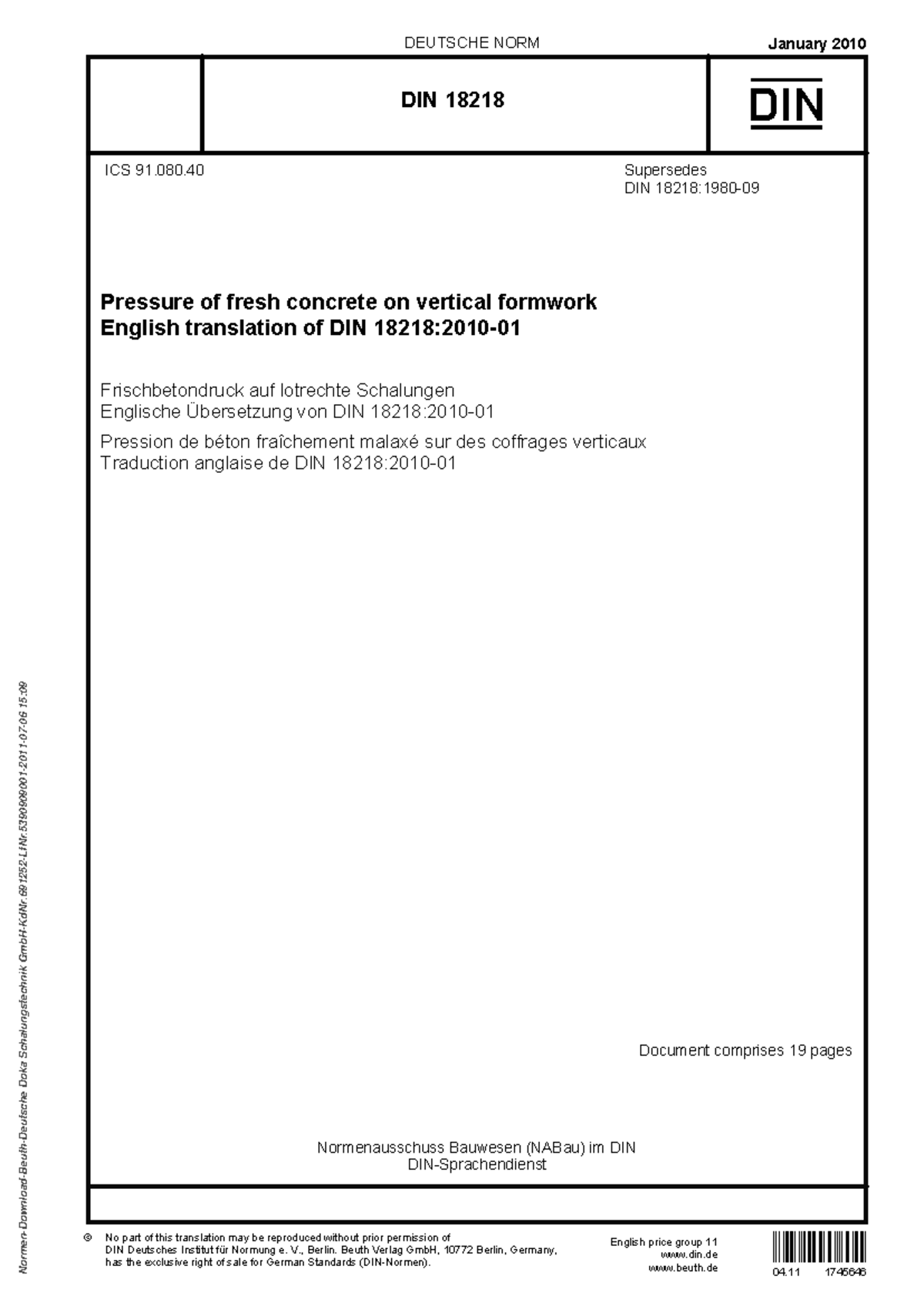 DIN EN 18218 2010-01 Pressure of fresh concrete on vertical formwork ...