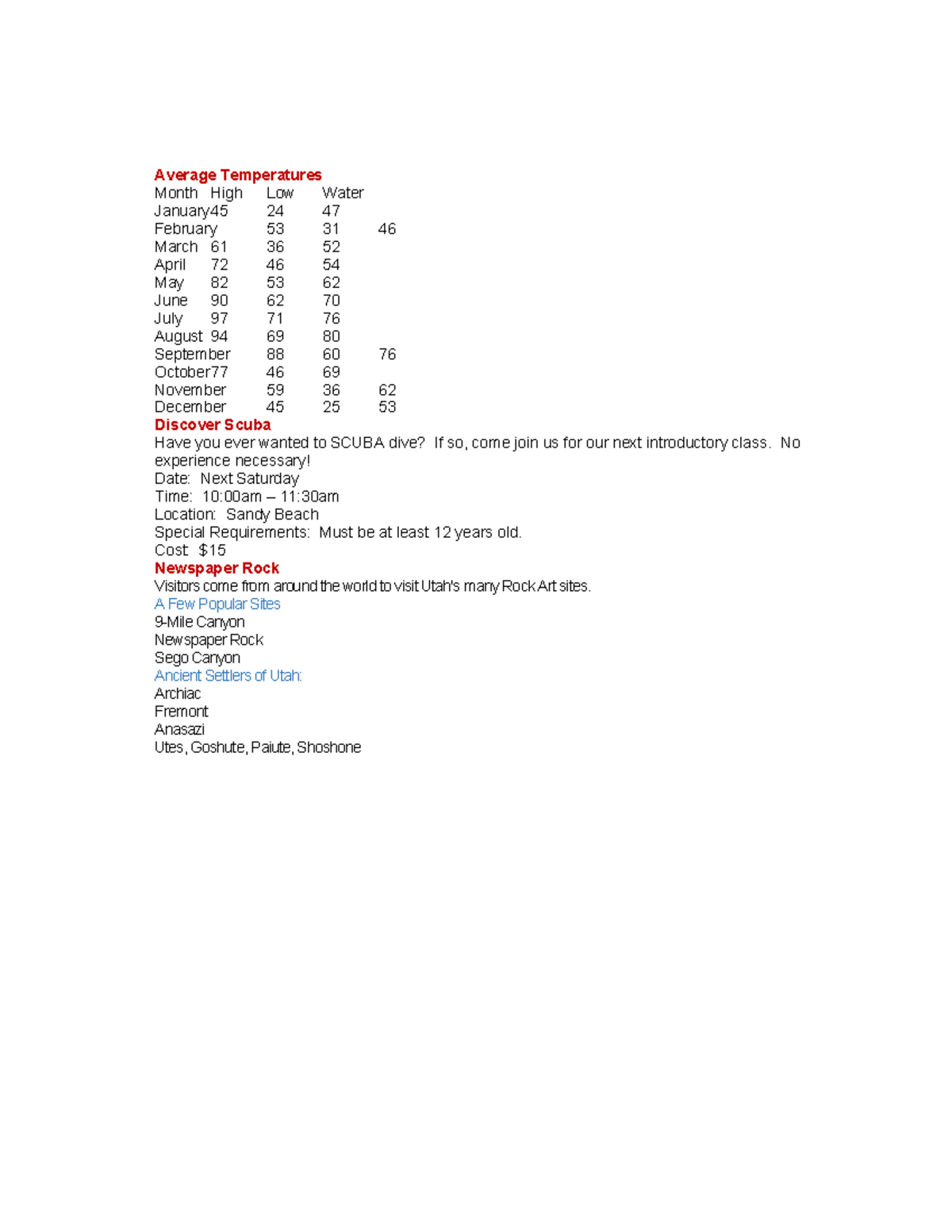 Lab 5 4 fafafa Average Temperatures Month High Low Water January 45