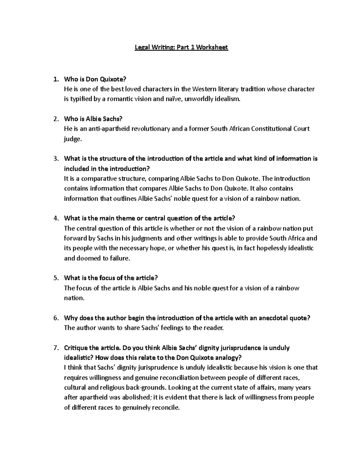 Legal Writing- Albie Sachs article - Legal Writing: Part 1 Worksheet ...
