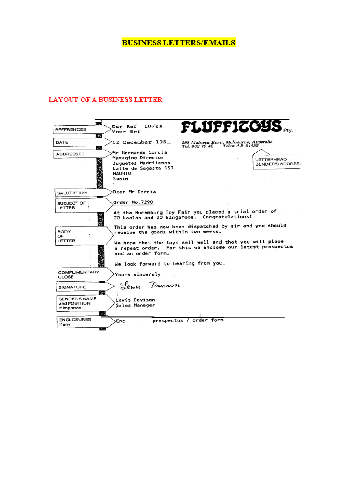 Business Letter - materials - BUSINESS LETTERS/EMAILS LAYOUT OF A ...