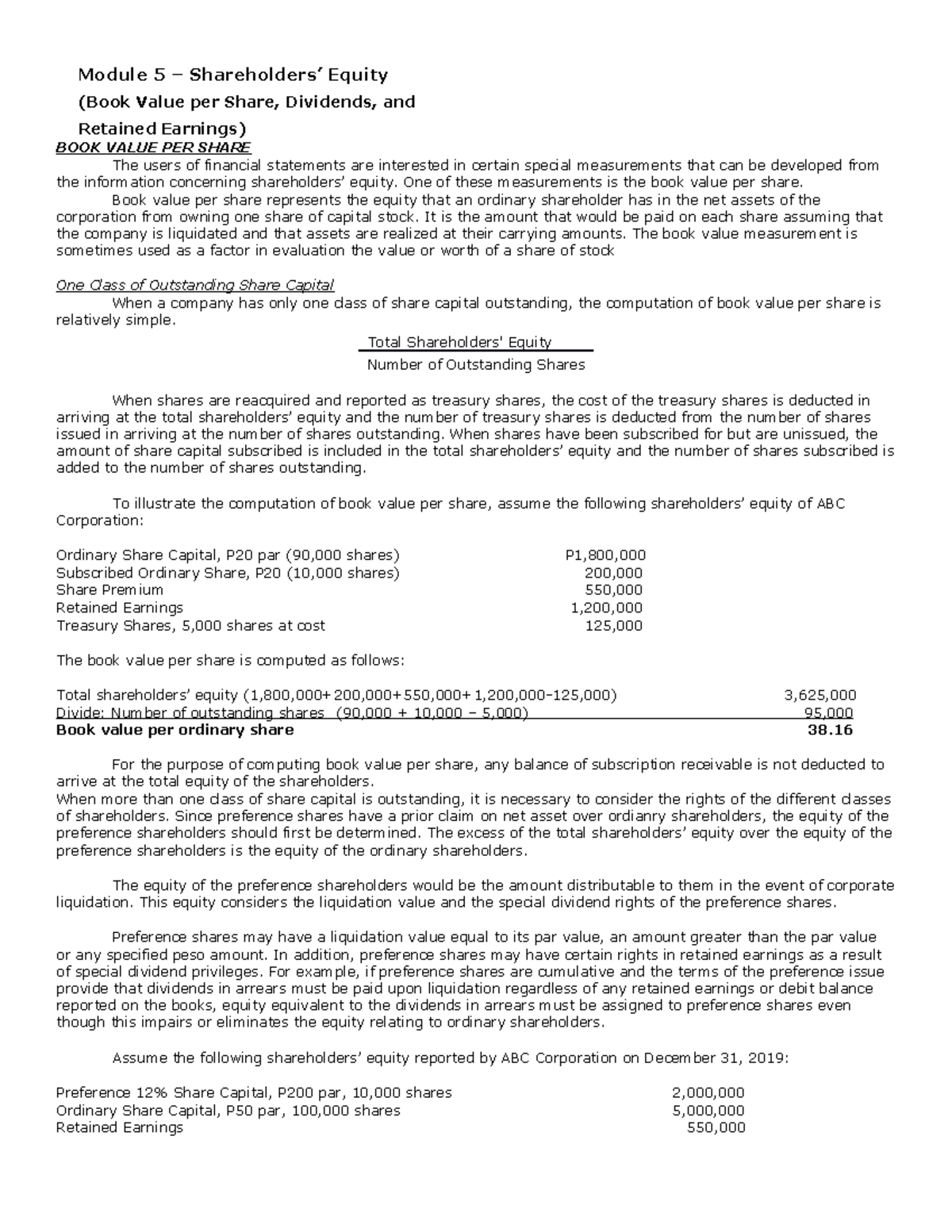 Module 5 intacc - Module 5 – Shareholders’ Equity (Book Value per Share ...