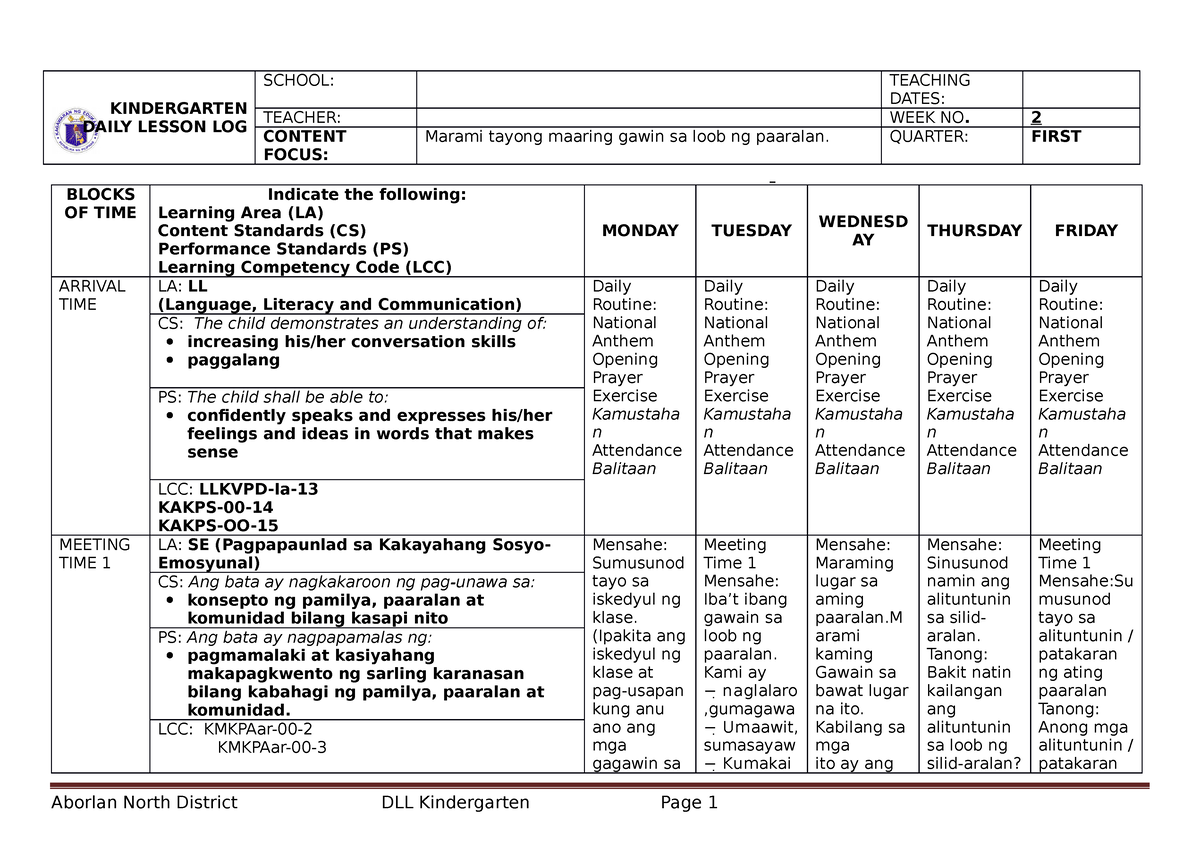 Kinder-DLL Week 2 - Kinder-dll Week.docx - KINDERGARTEN DAILY LESSON ...