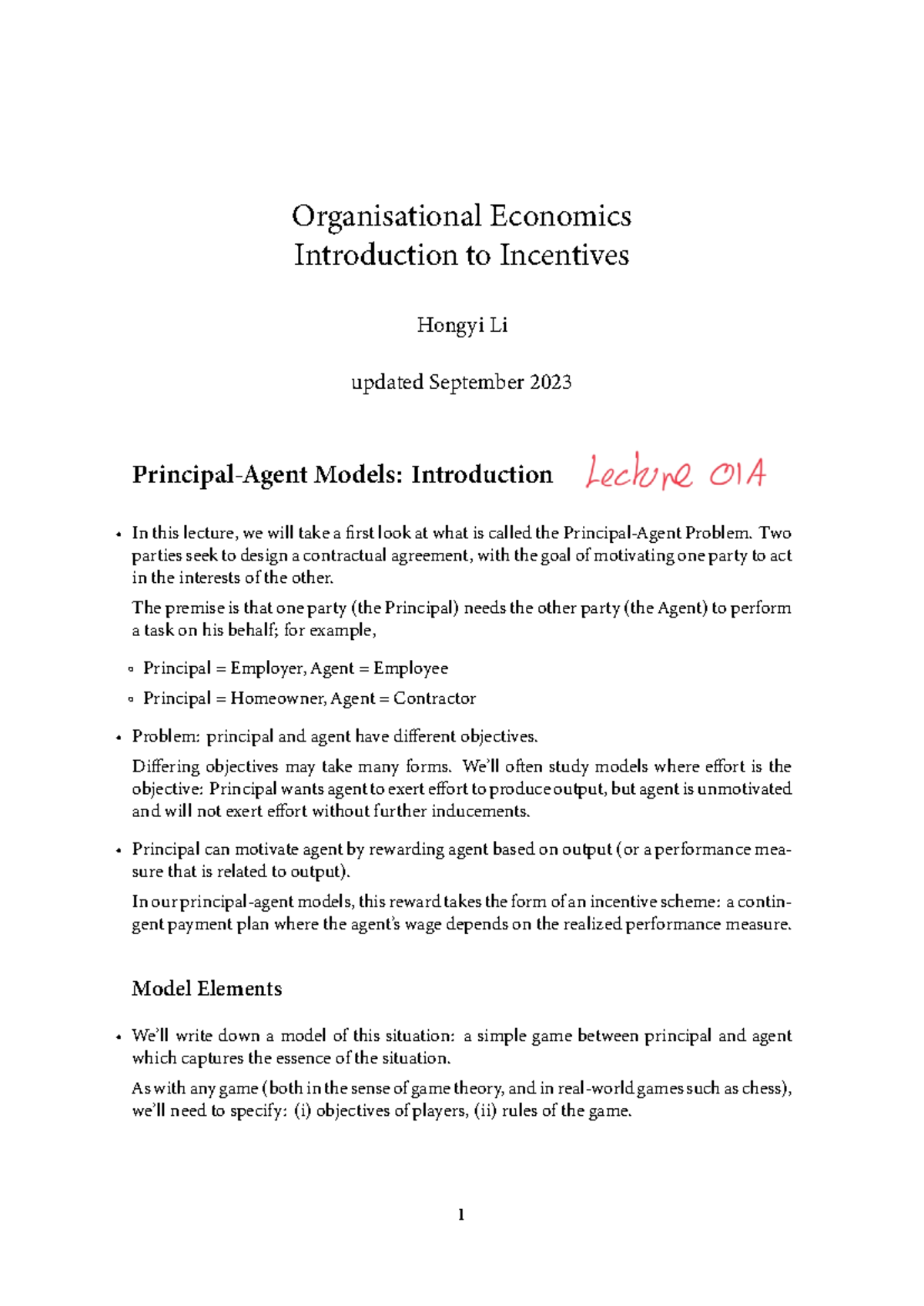 Lecture Notes - Incentive Schemes - Organisational Economics ...