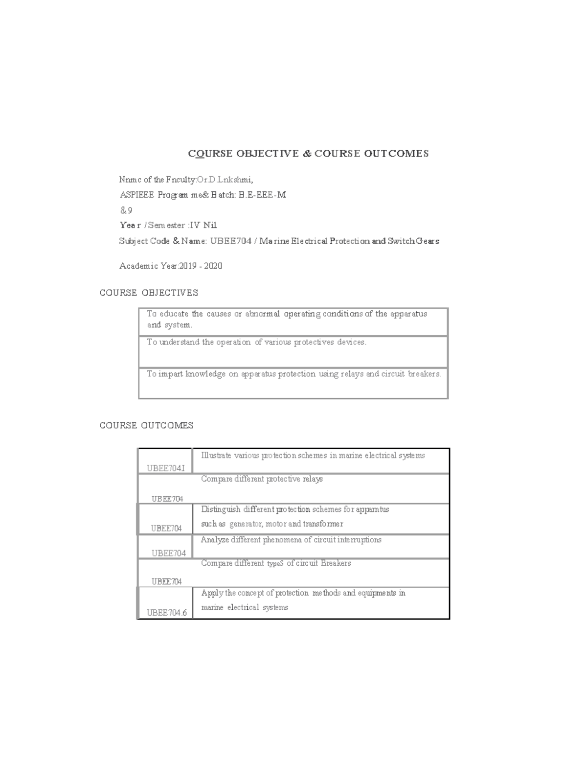 CO1 - COURSE OBJECTIVE & COURSE OUTCOMES Nnmc of the Fnculty:Or.D ...