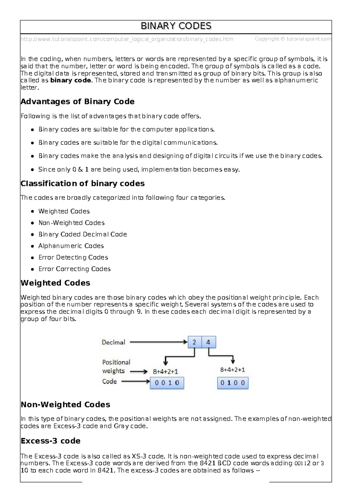 Binary codes - Check out - tutorialspoint/computer_logical_organization ...