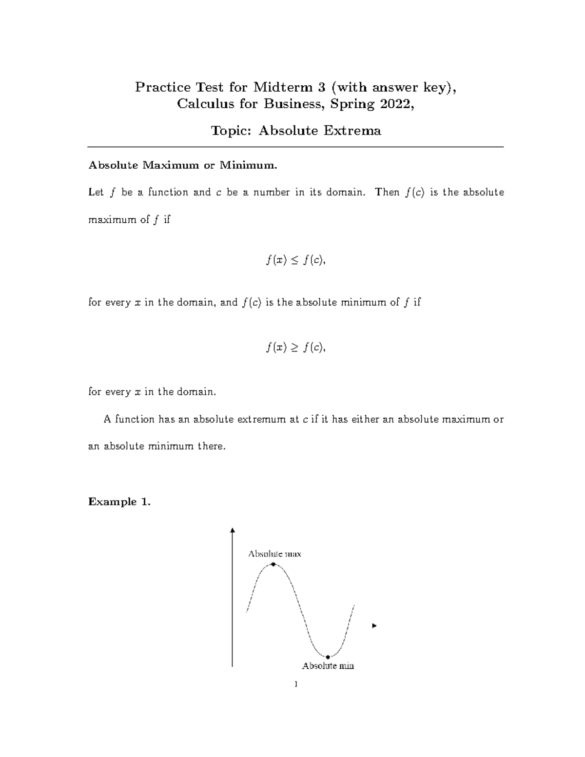 Midterm 3 - Absolute Extrema - Practice Test for Midterm 3 (with answer ...
