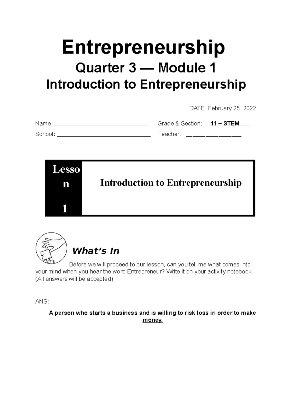 Entrepreneurship-QIII-M1 - Entrepreneurship Quarter 3 — Module 1 ...