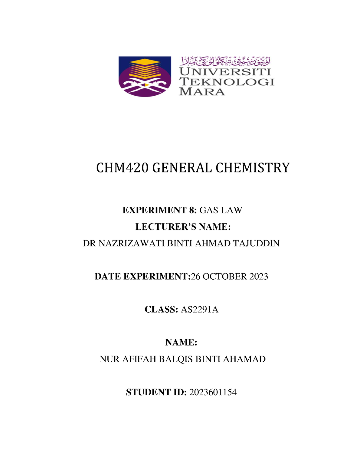 CHM420 General Chemistry - CHM420 GENERAL CHEMISTRY EXPERIMENT 8: GAS ...