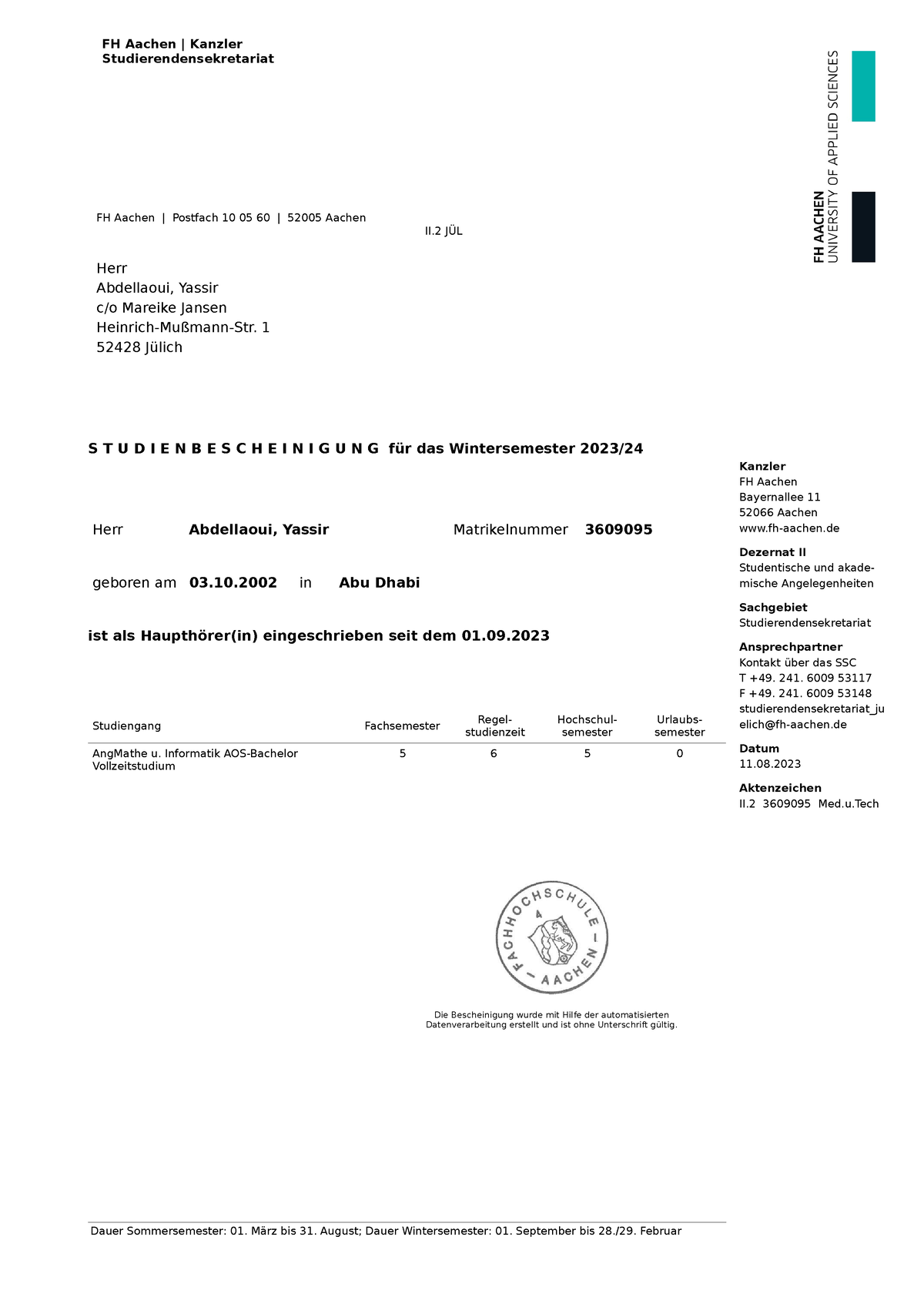 Studienbescheinigung Gross - Kanzler FH Aachen Bayernallee 11 52066 ...