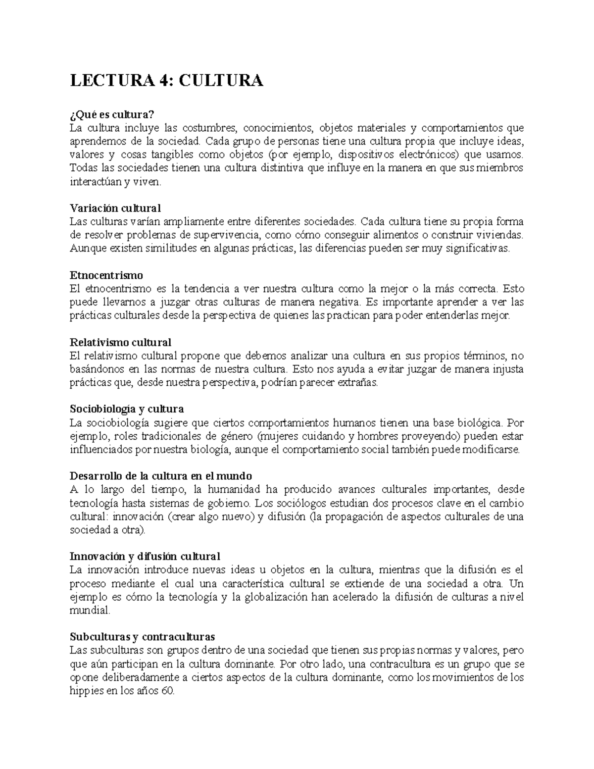 Lectura 4 - Cultura - LECTURA 4: CULTURA ¿Qué es cultura? La cultura ...