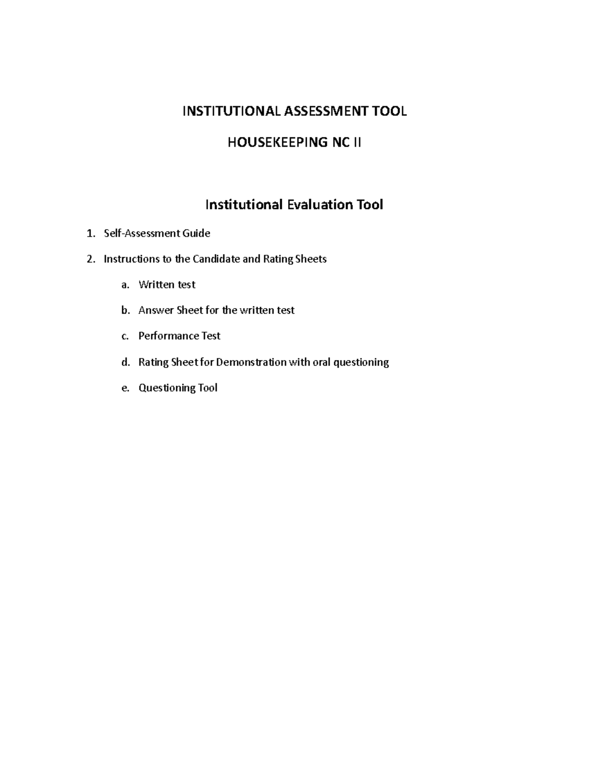 Housekeeping NC II Institutional Assessment TOOL INSTITUTIONAL