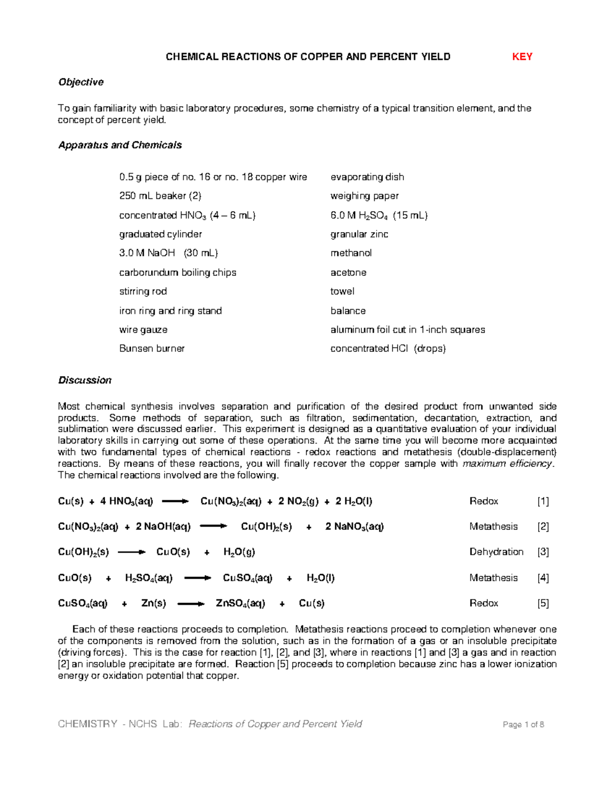 Chemical Reactions of Copper and Percent Yield Key CHEMICAL REACTIONS