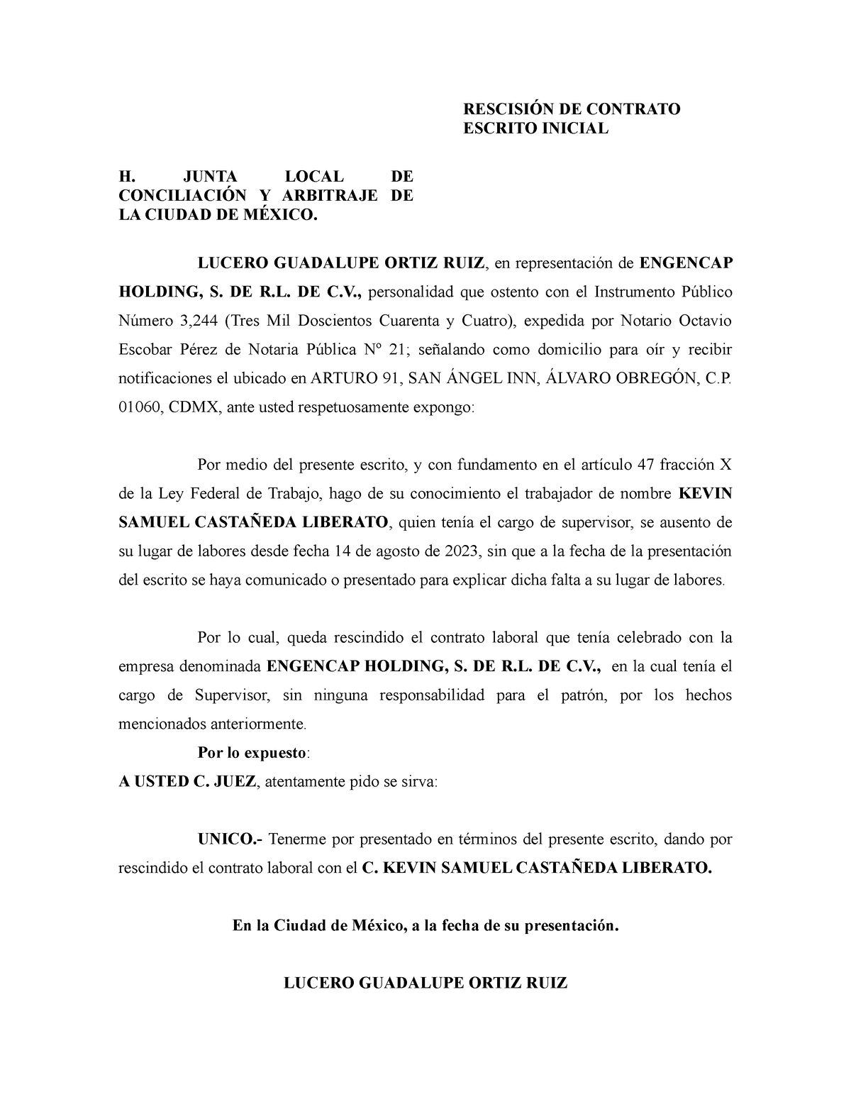 Laboral 6677865 - RESCISIÓN DE CONTRATO ESCRITO INICIAL H. JUNTA LOCAL ...