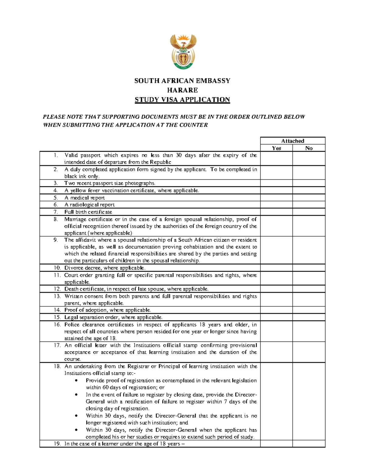 Requirments-Study-Visa - SOUTH AFRICAN EMBASSY HARARE STUDY VISA ...