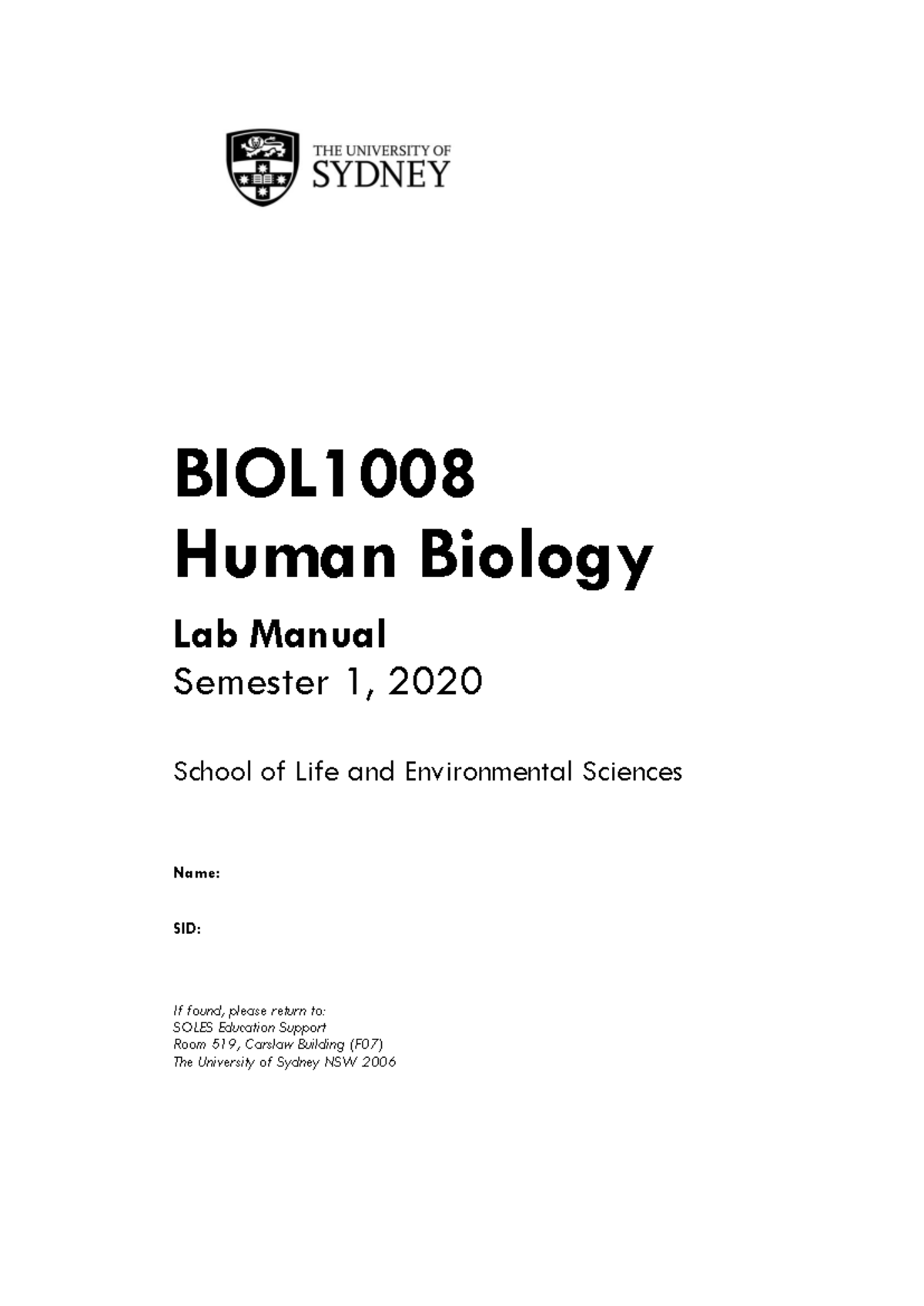 2020 BIOL1008 Lab Manual 2020 BIOL Human Biology Lab Manual Semester