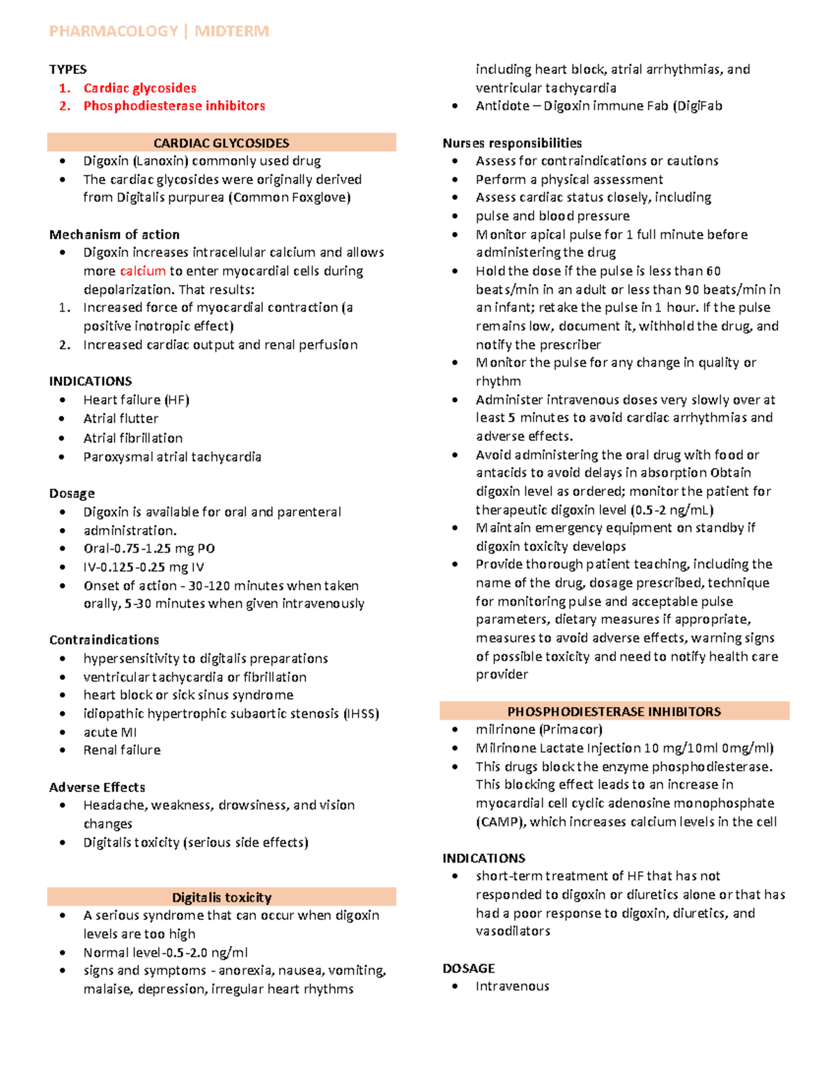 Pharma Midterm - Notes - TYPES Cardiac glycosides Phosphodiesterase ...