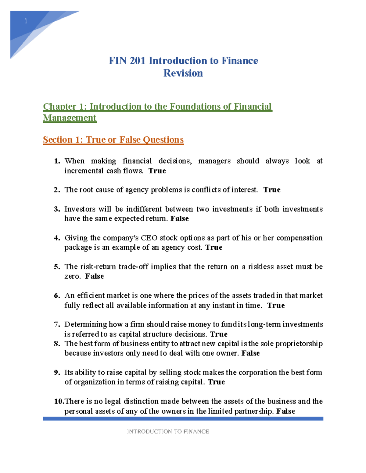 Revision - FIN 201 Introduction to Finance Revision Chapter 1 ...