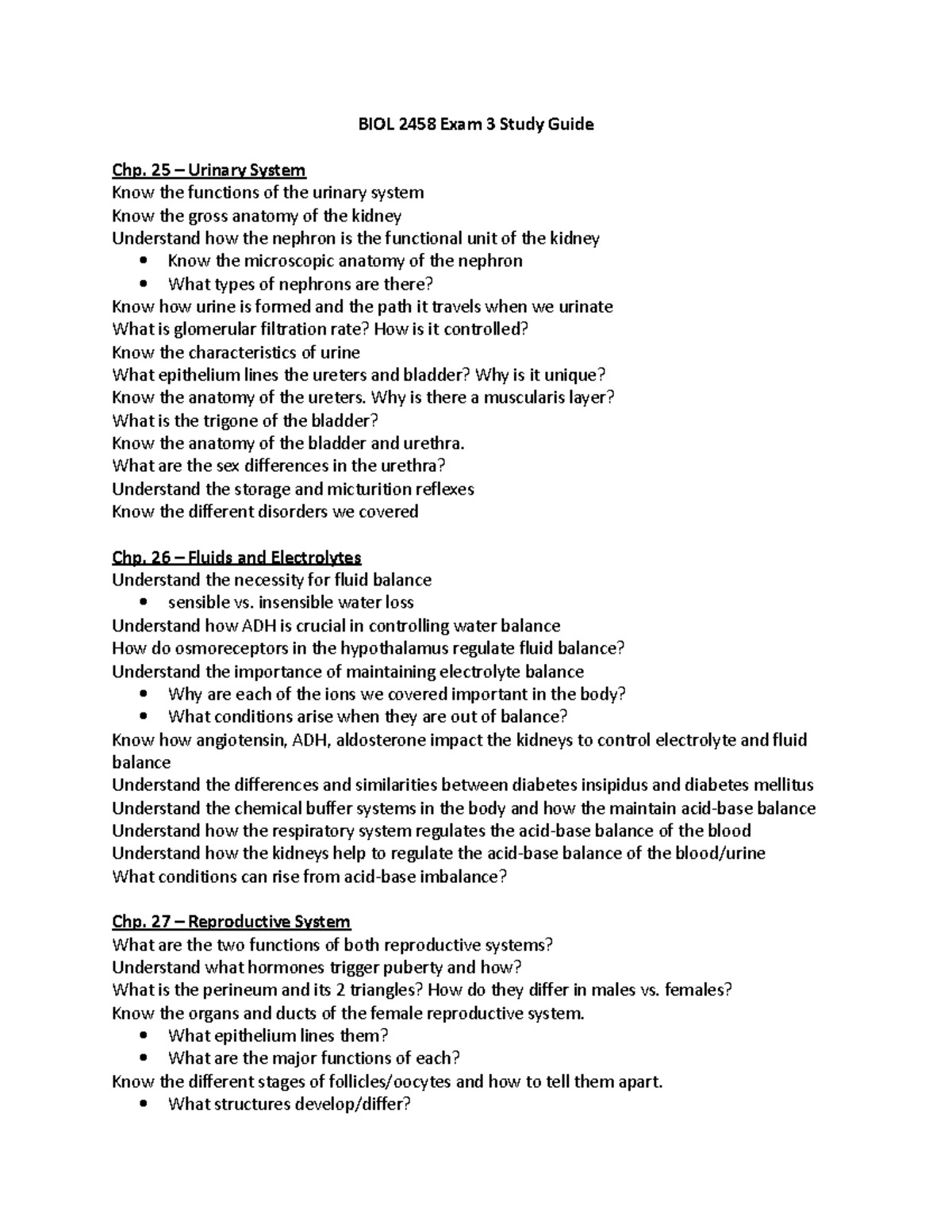 Exam3-Study Guide - BIOL 2458 Exam 3 Study Guide Chp. 25 – Urinary ...