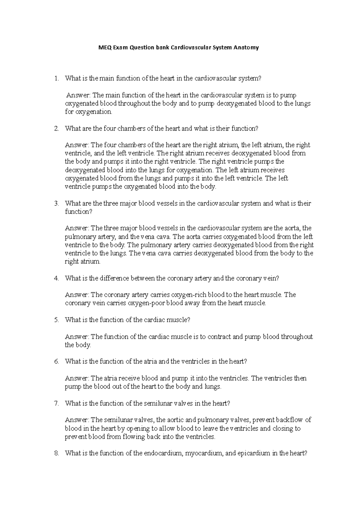 MEQ exam question bank CVD anatomy - MEQ Exam Question bank ...