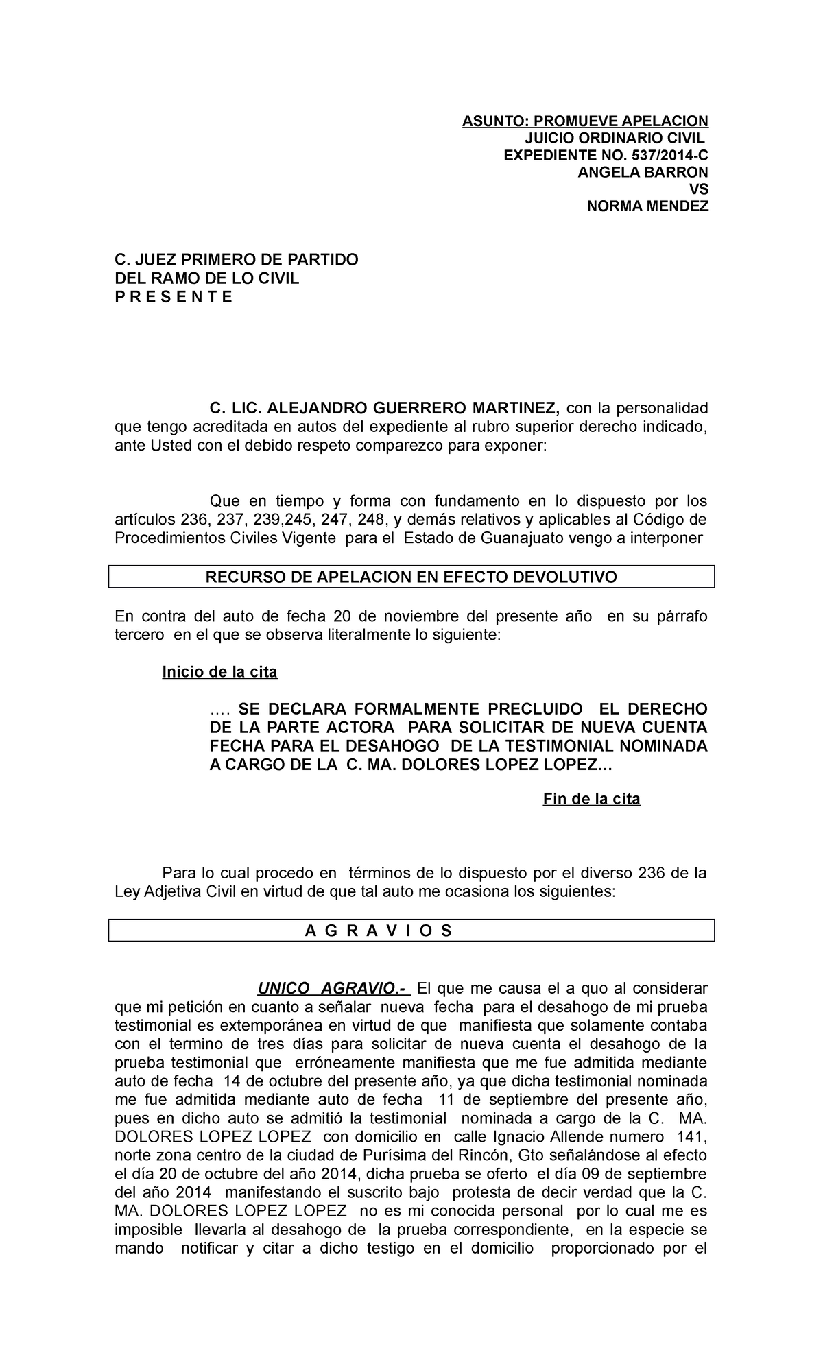 Apelacion de auto de pruebas civil - ASUNTO: PROMUEVE APELACION JUICIO ...