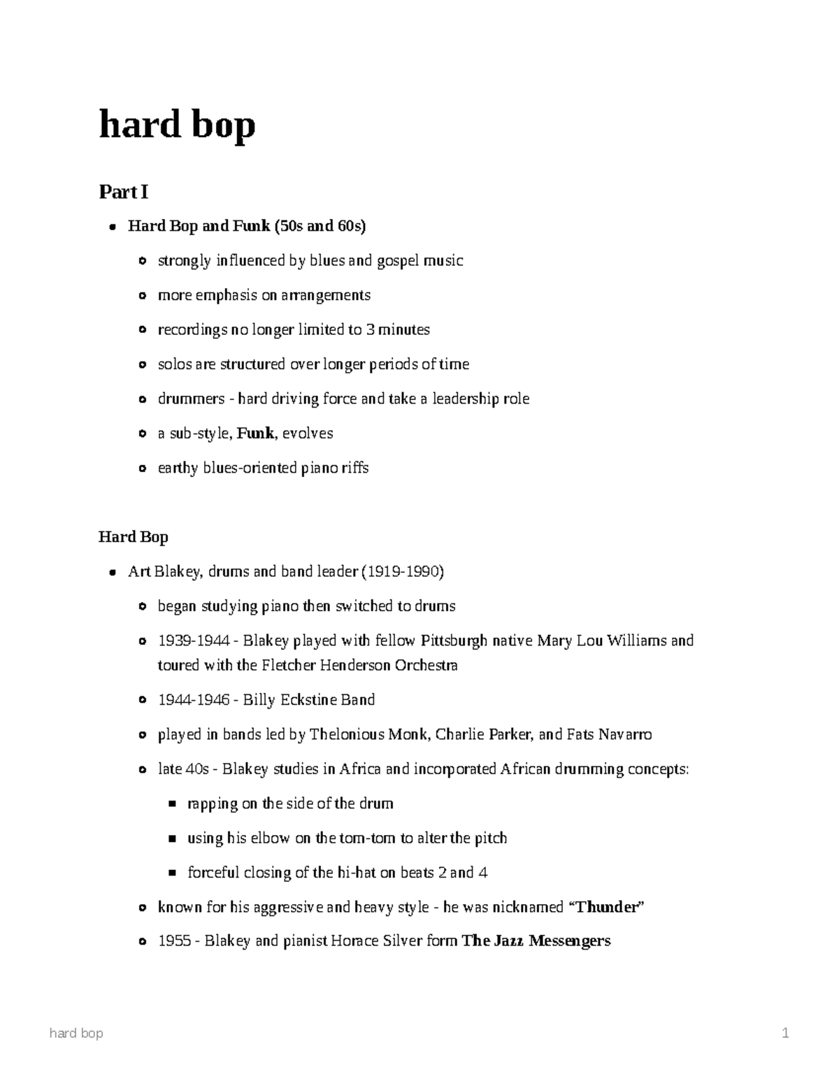 Hard Bop MUSI 3630 hard bop 1 hard bop Part I Hard Bop and Funk